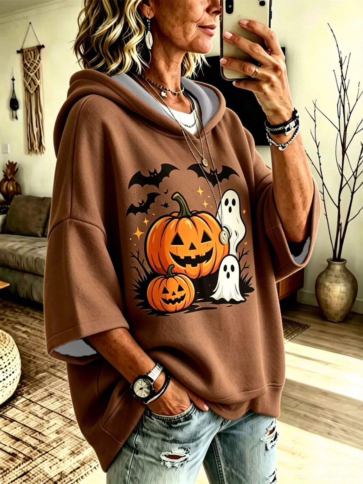 Brown oversized halloween pumpkin ghost hoodie