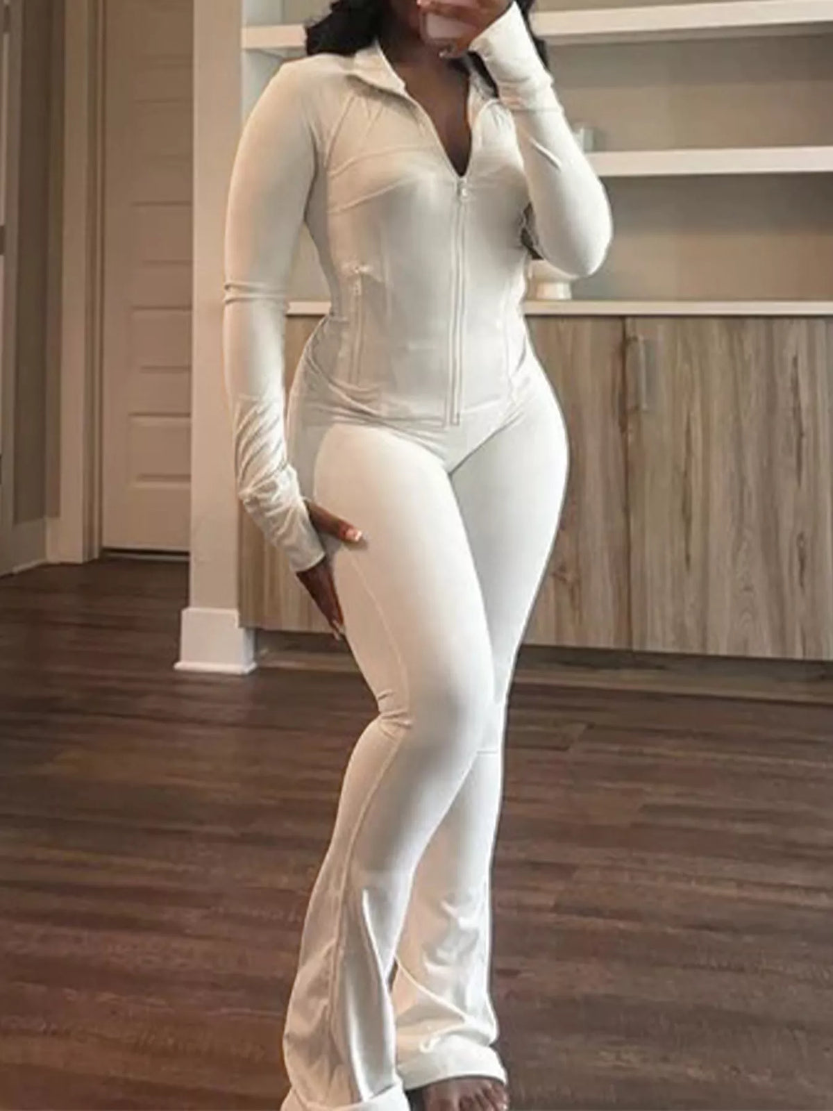 Slim-Fit Zip-Up Top and Flare Leggings Active Set in white
