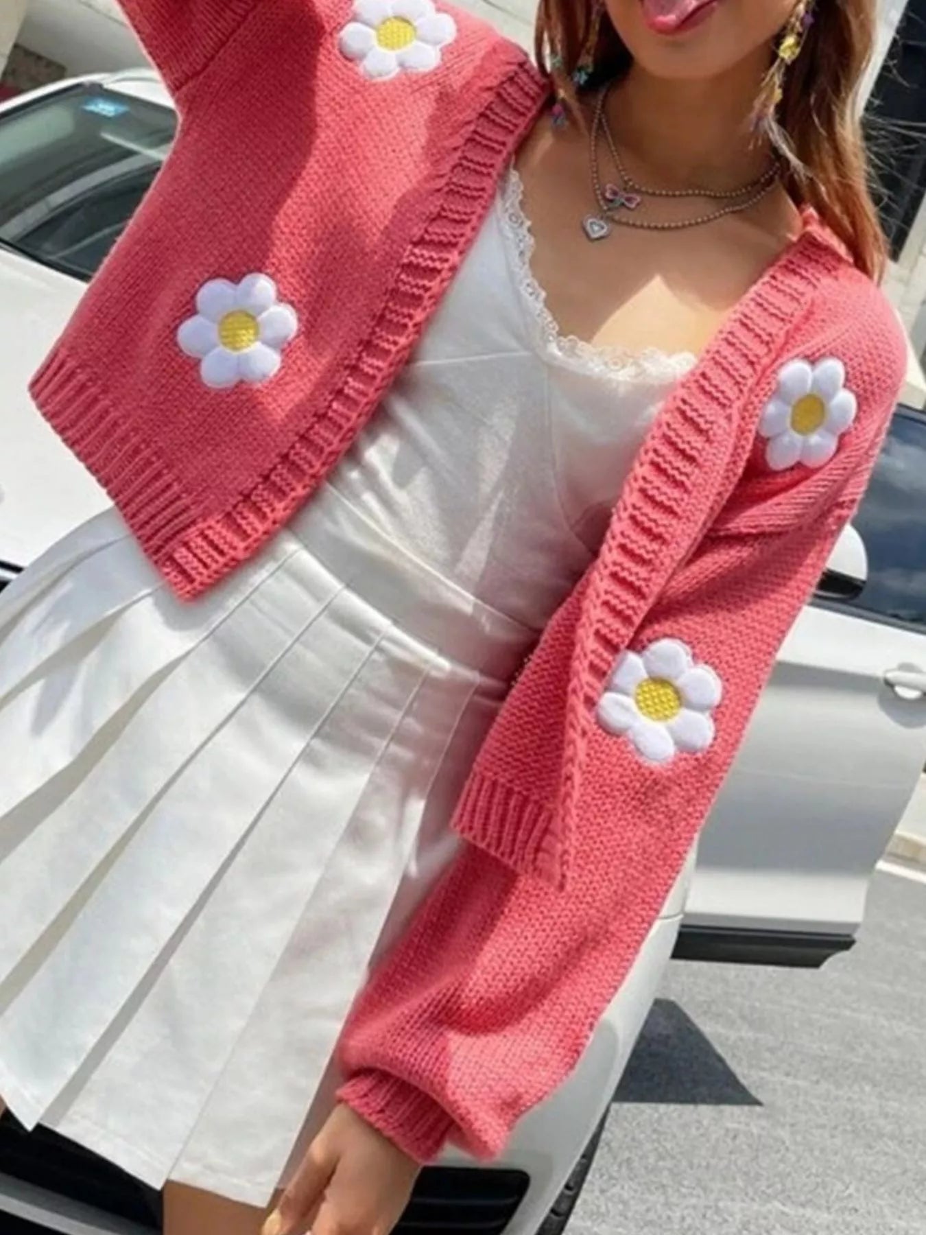 Trendsi Floral Open Front Knit Cardigan -