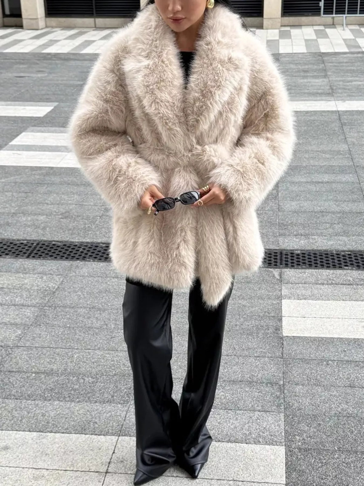 Faux Fur Belted Coat in cream