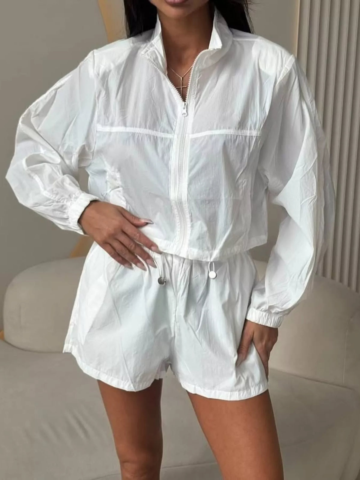 Trendsi Zip-Up Crop Jacket and High-Waisted Shorts Set -
