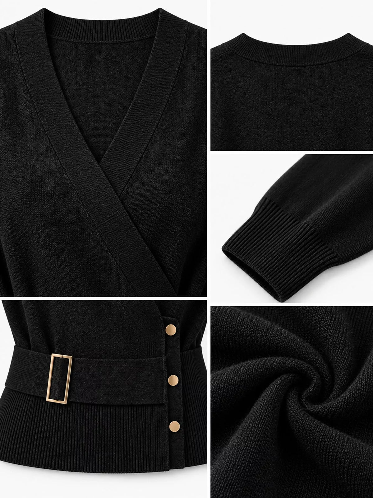 Surplice knit top, black detail collage