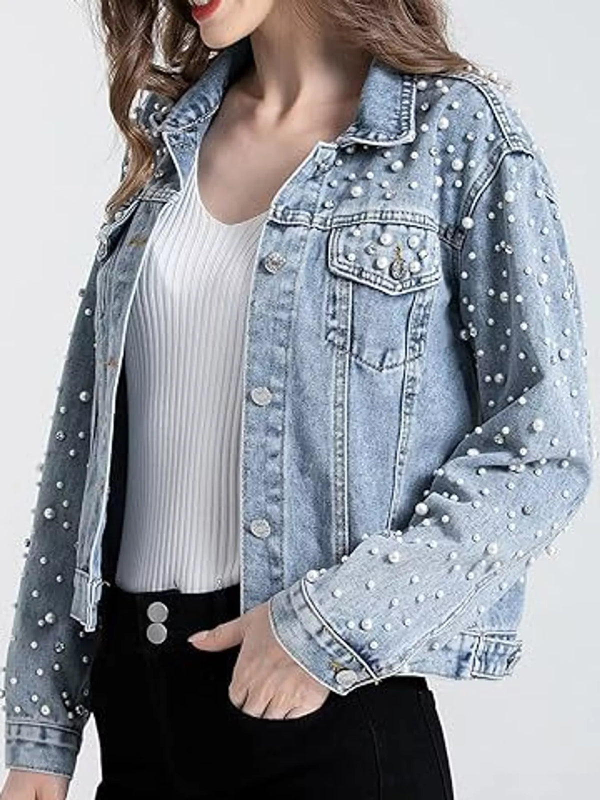 Women's Pearl Detail Button Up Denim Jacket in blue — front view