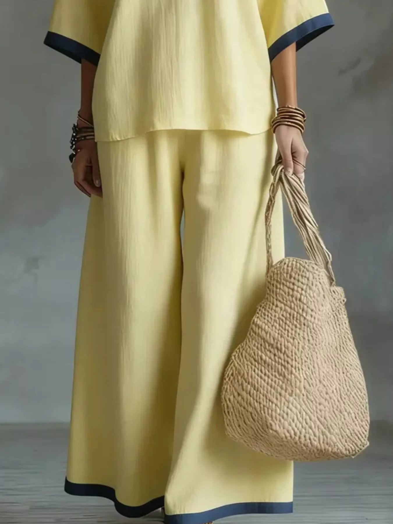 Trendsi Full Size Contrast Trim V-Neck Top and Pants Set Plus Size -