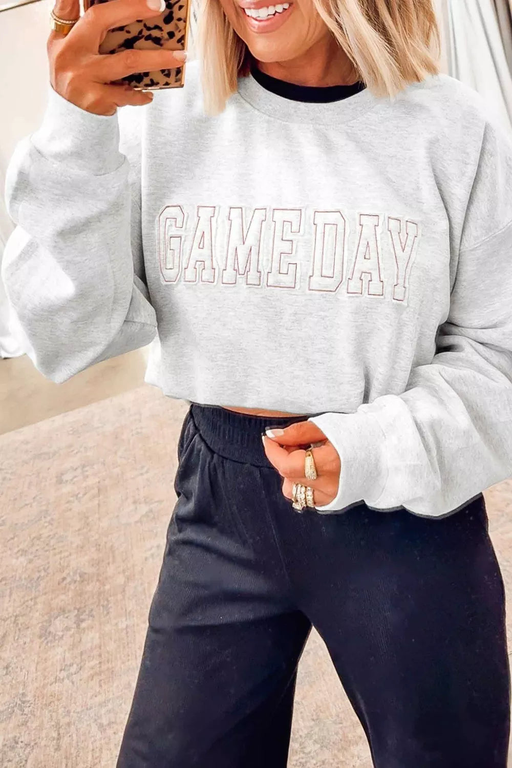 Trendsi Game Day Letter Embroidery Long Sleeve Round Neck Sweatshirt -