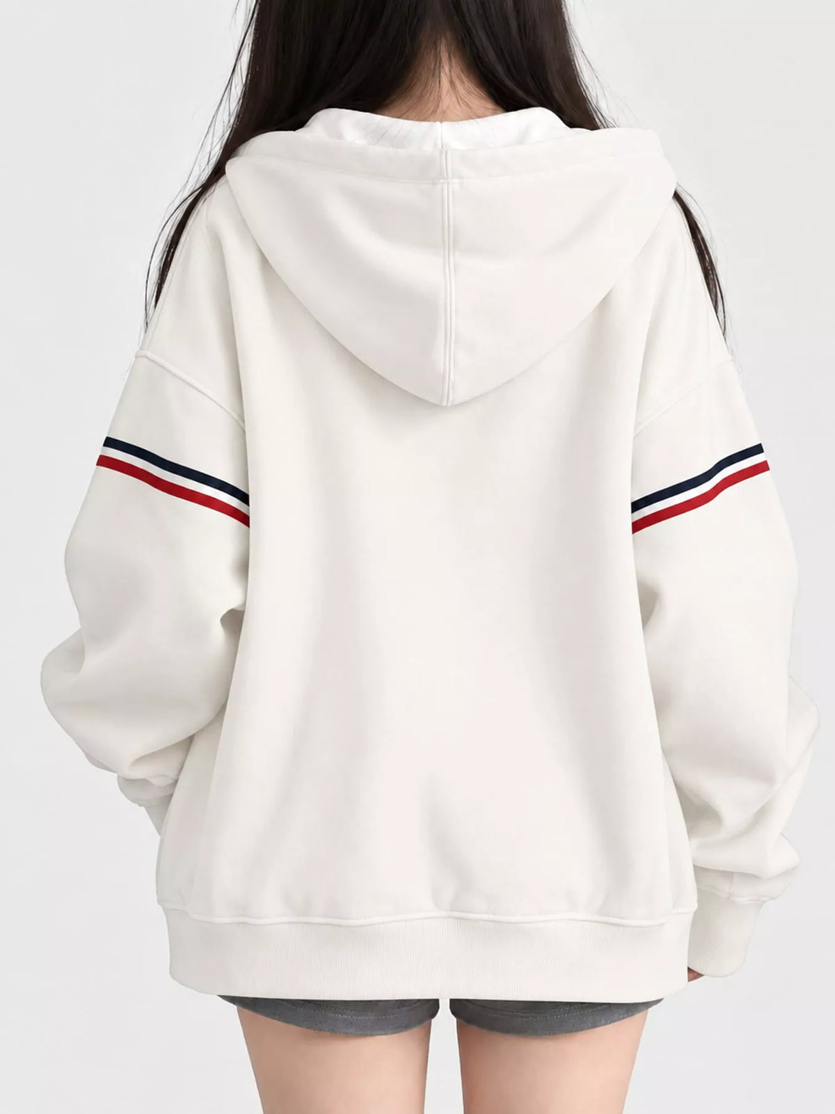 Oversized Zip-Up Hoodie with Striped Sleeves, back view in white