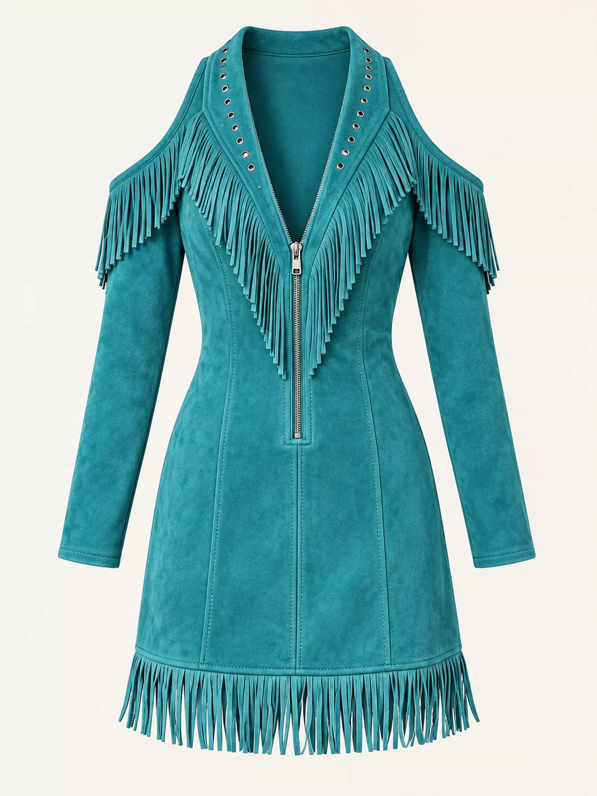 Fringed cold-shoulder dress, teal flat front