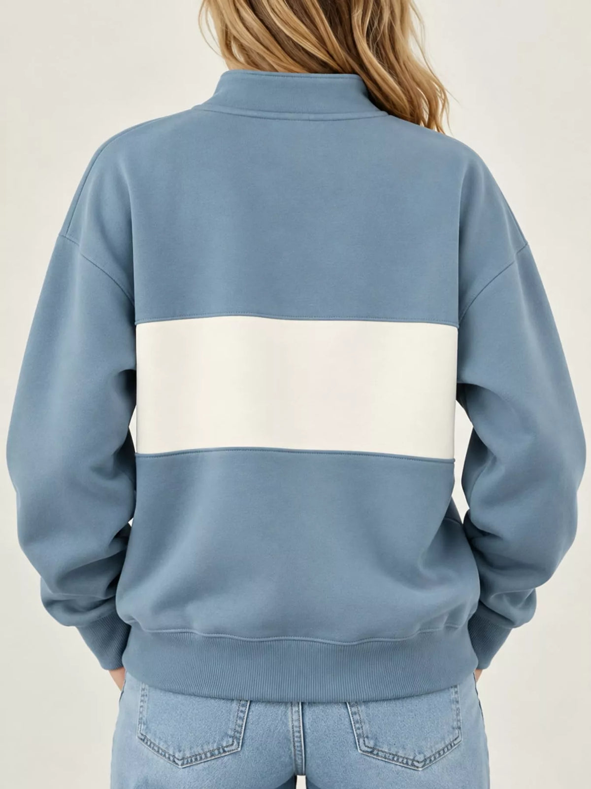 Blue and cream color block snap-button sweatshirt, back view