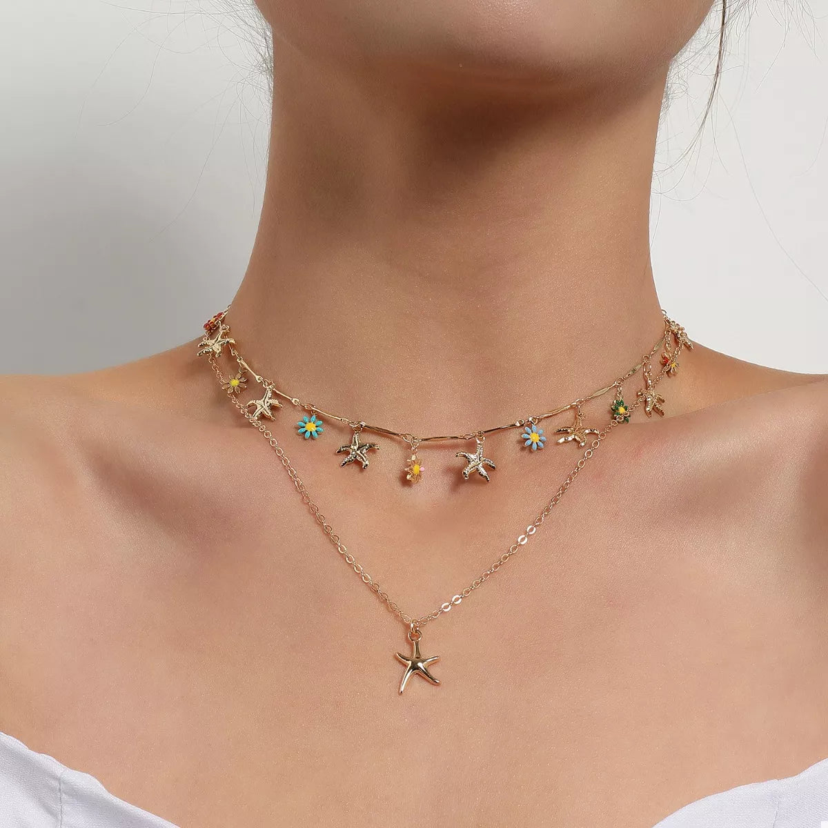 Trendsi Starfish Charm Double Layered Necklace -