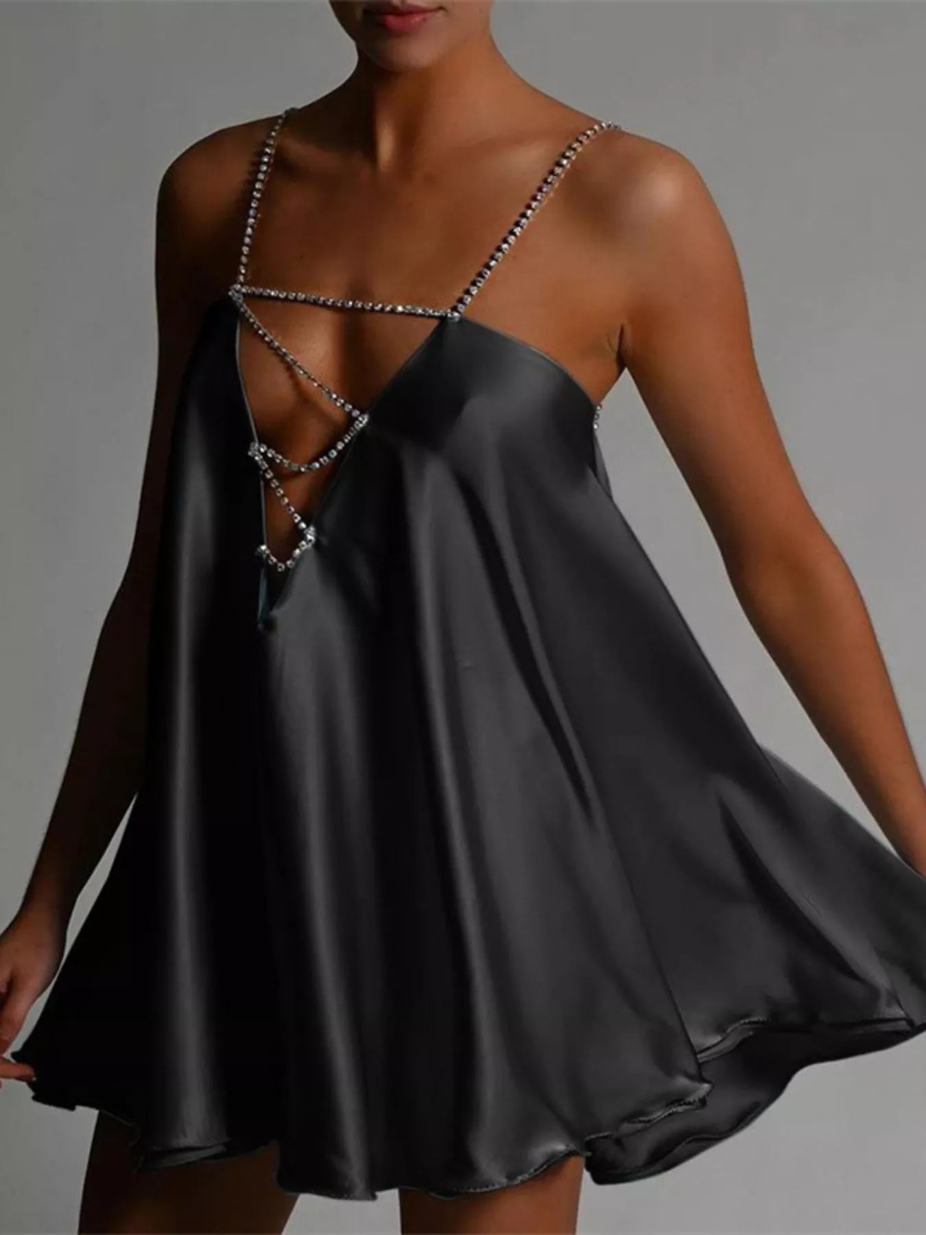 Trendsi Rhinestone Embellished Plunge Mini Dress -