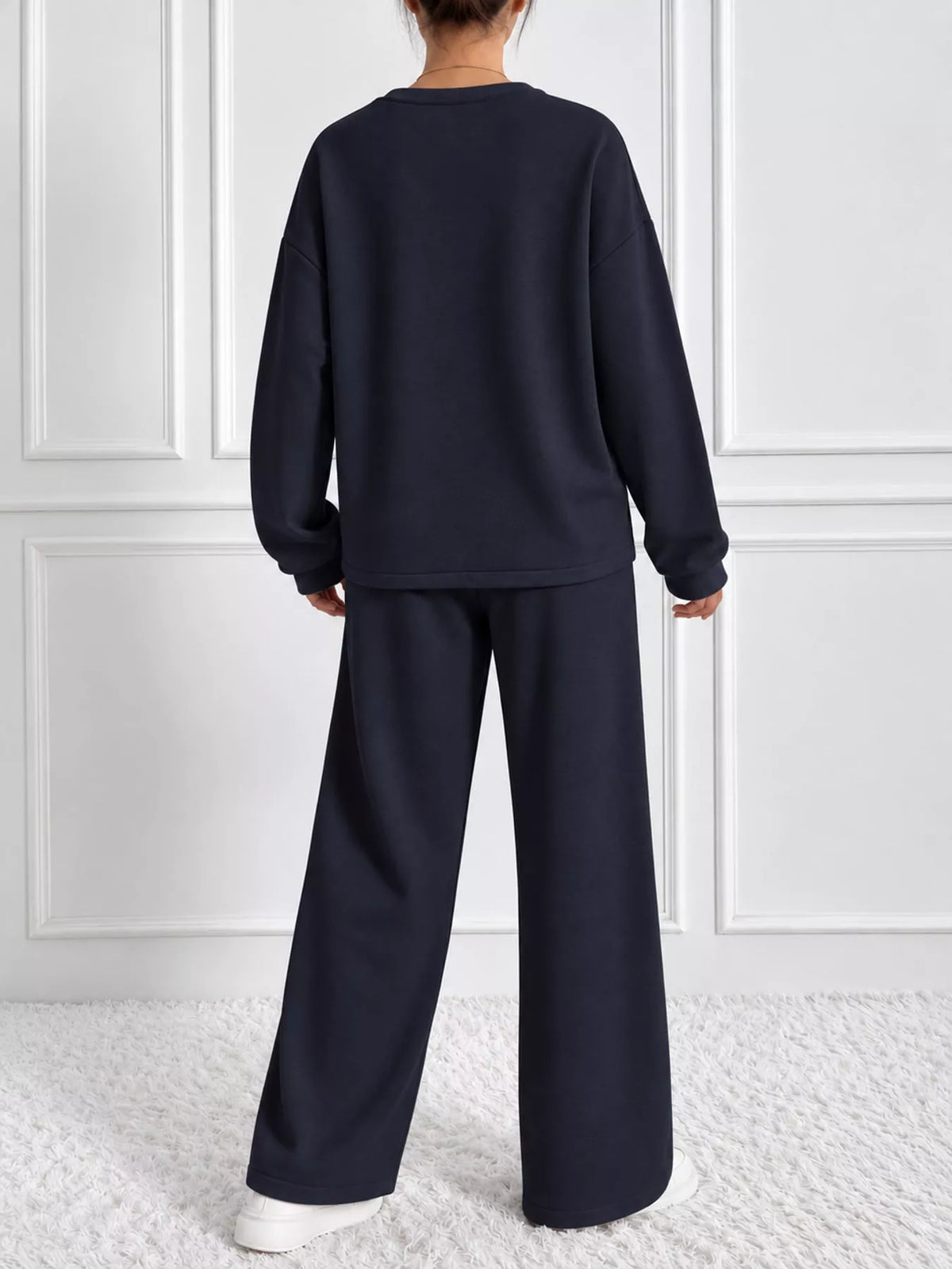 Navy oversized sweatshirt and wide-leg pants set — back view