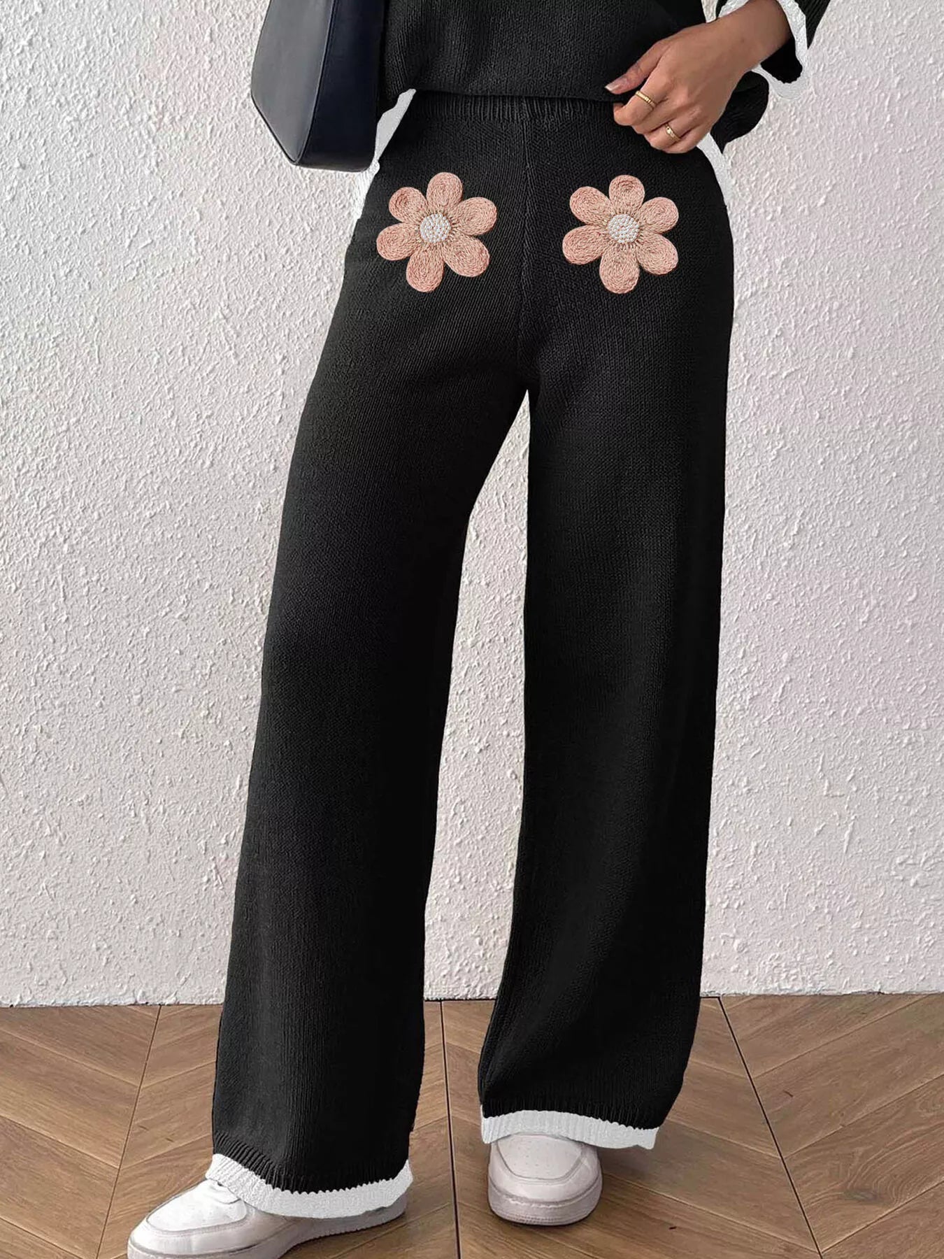 Trendsi Floral Applique High-Waisted Wide-Leg Sweater Pants -