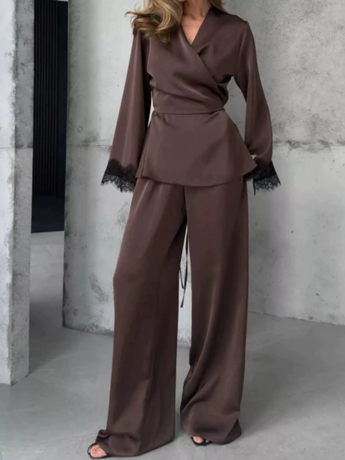 Trendsi Lace Trim Wrap Top and Pants Set -