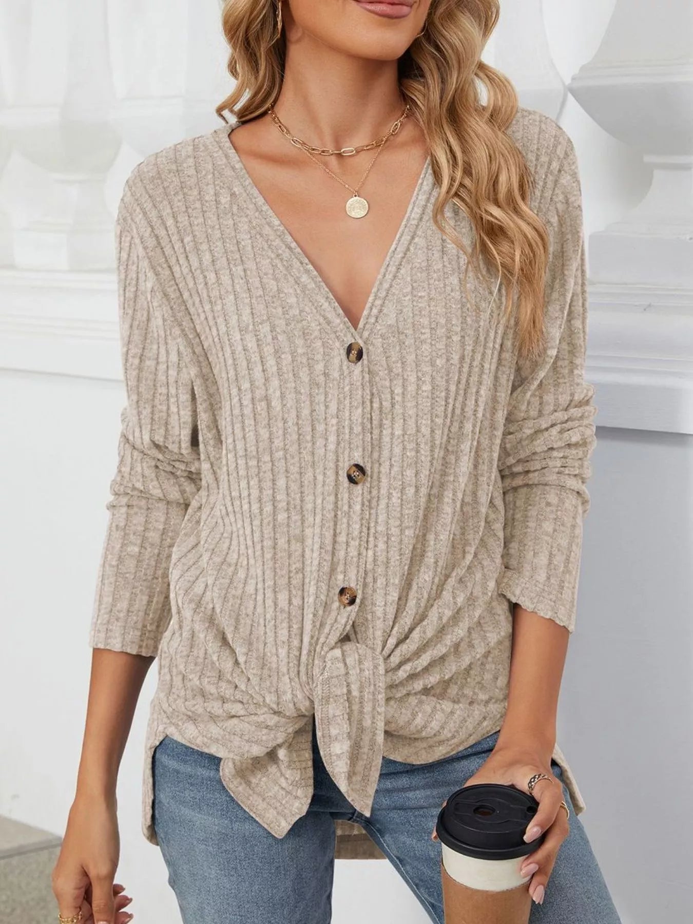 Trendsi Ribbed Button-Up Cardigan -