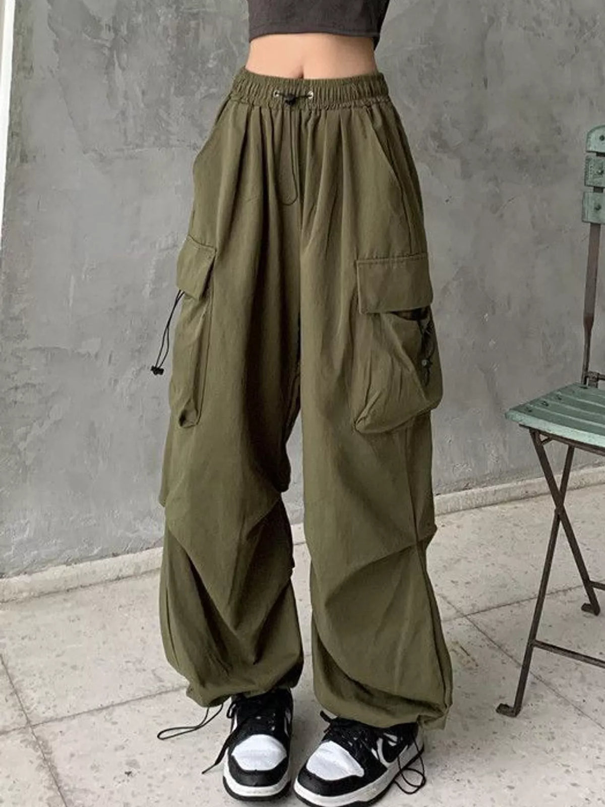 Drawstring Wide-Leg Cargo Pants — front view