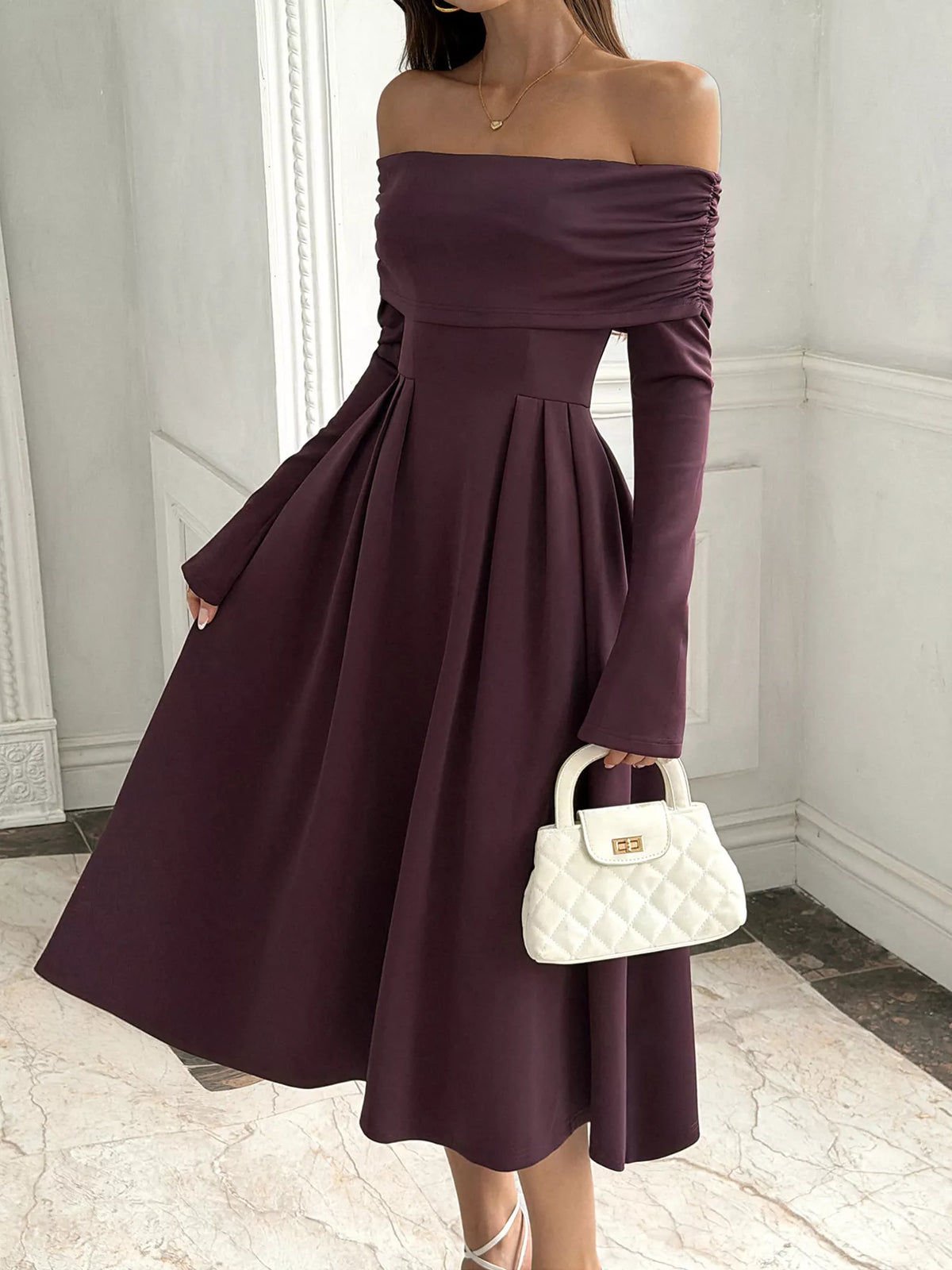 Coffee off-shoulder long sleeve midi dress