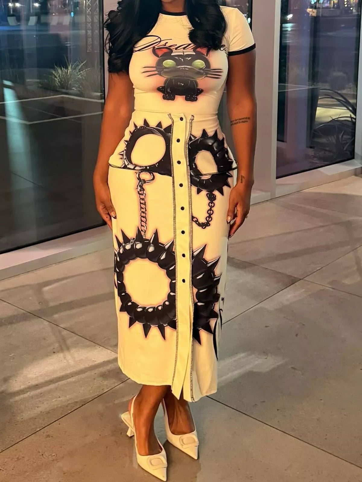 Cream cat print bodycon maxi dress, front view