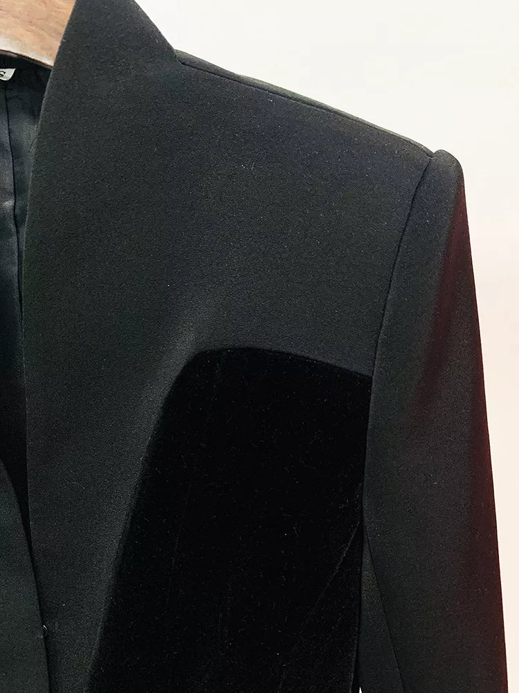 Black velvet-paneled blazer with stand-up collar, shoulder seam and curved contrast panel