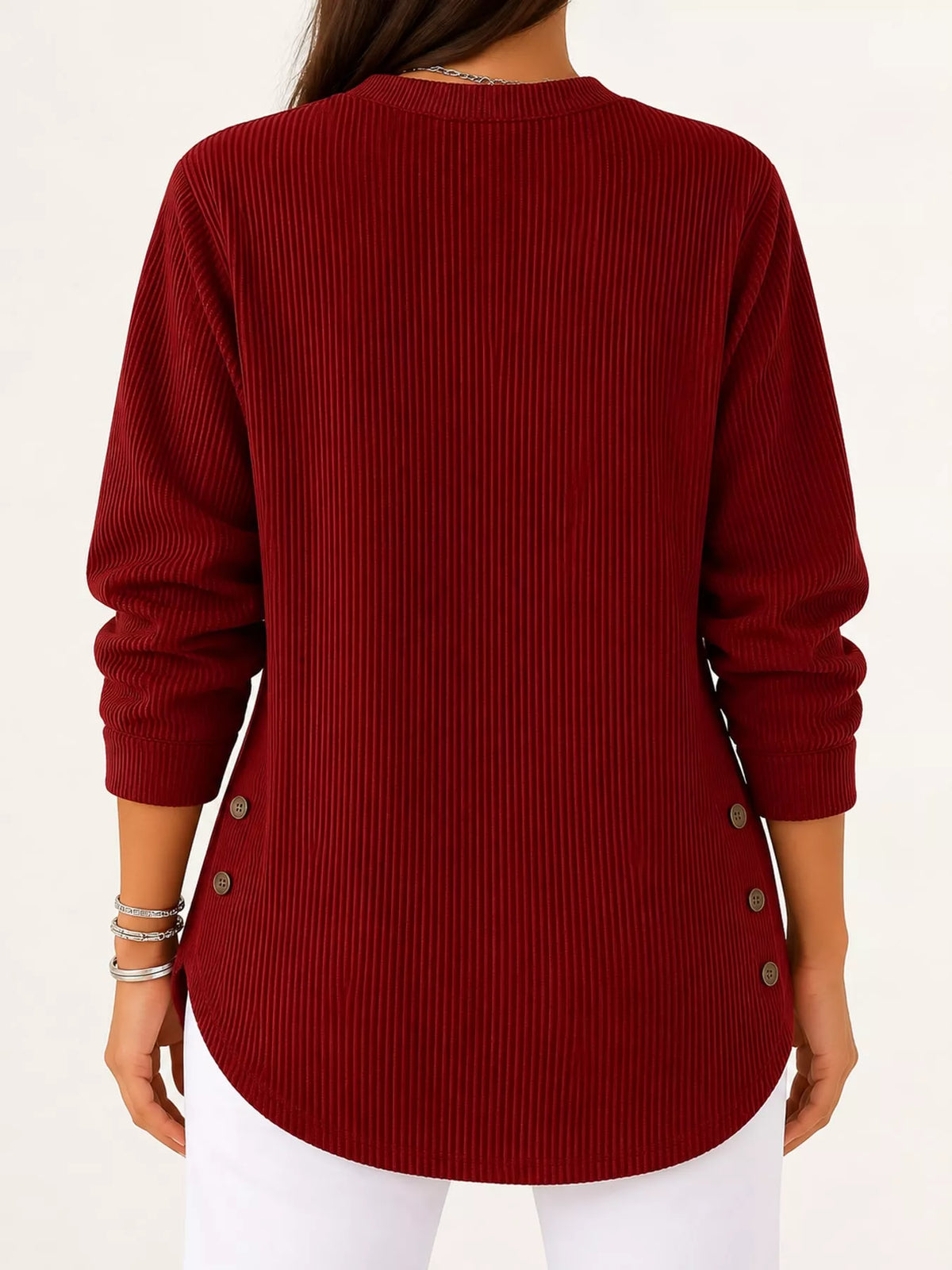 Burgundy button detail long sleeve top, back view