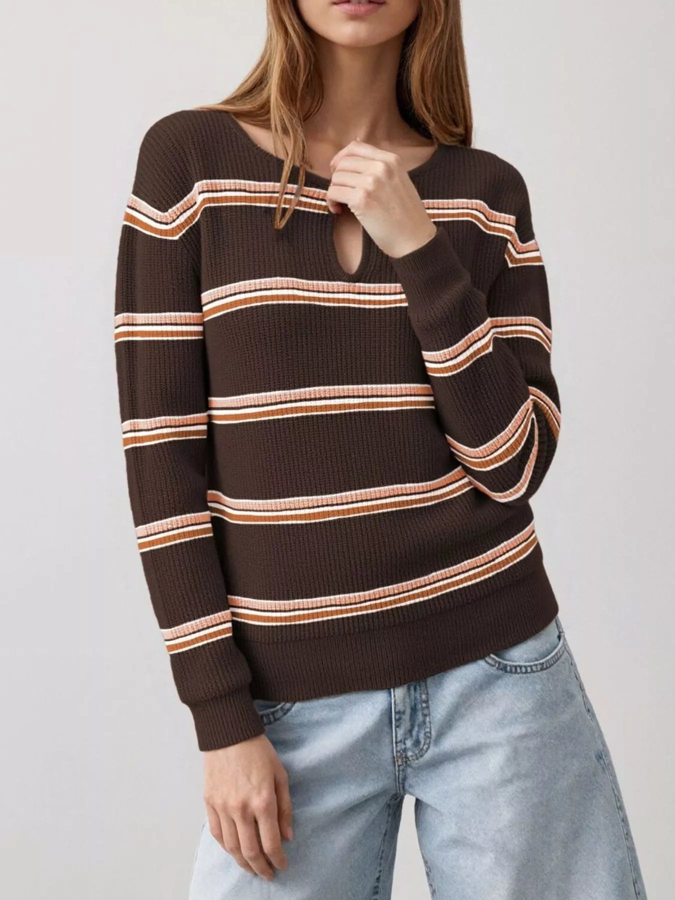 Trendsi Striped Ribbed Knit Top with Keyhole Neckline -