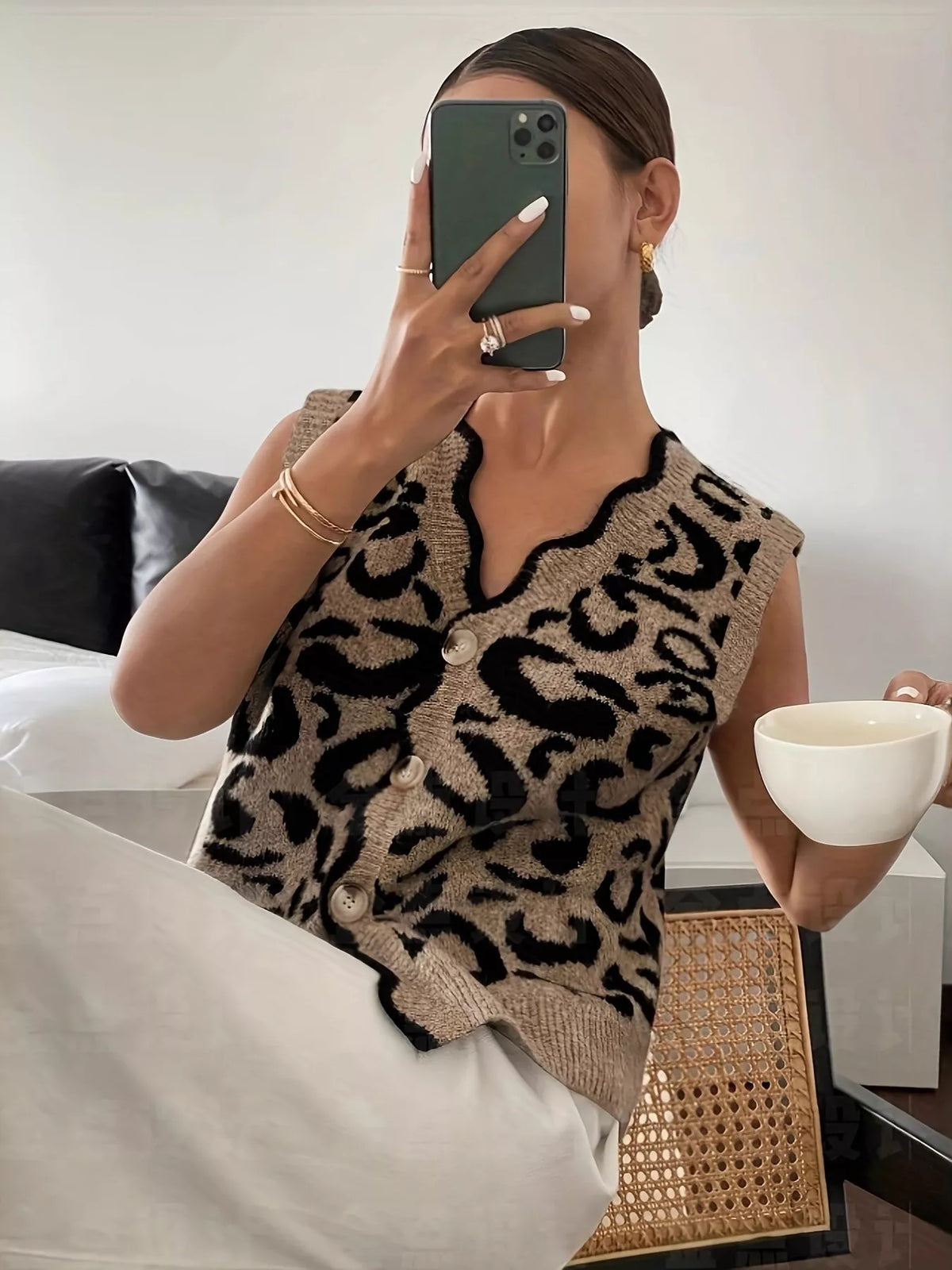 Taupe Leopard Scalloped Edge Button-Down Sweater Vest alternate front view
