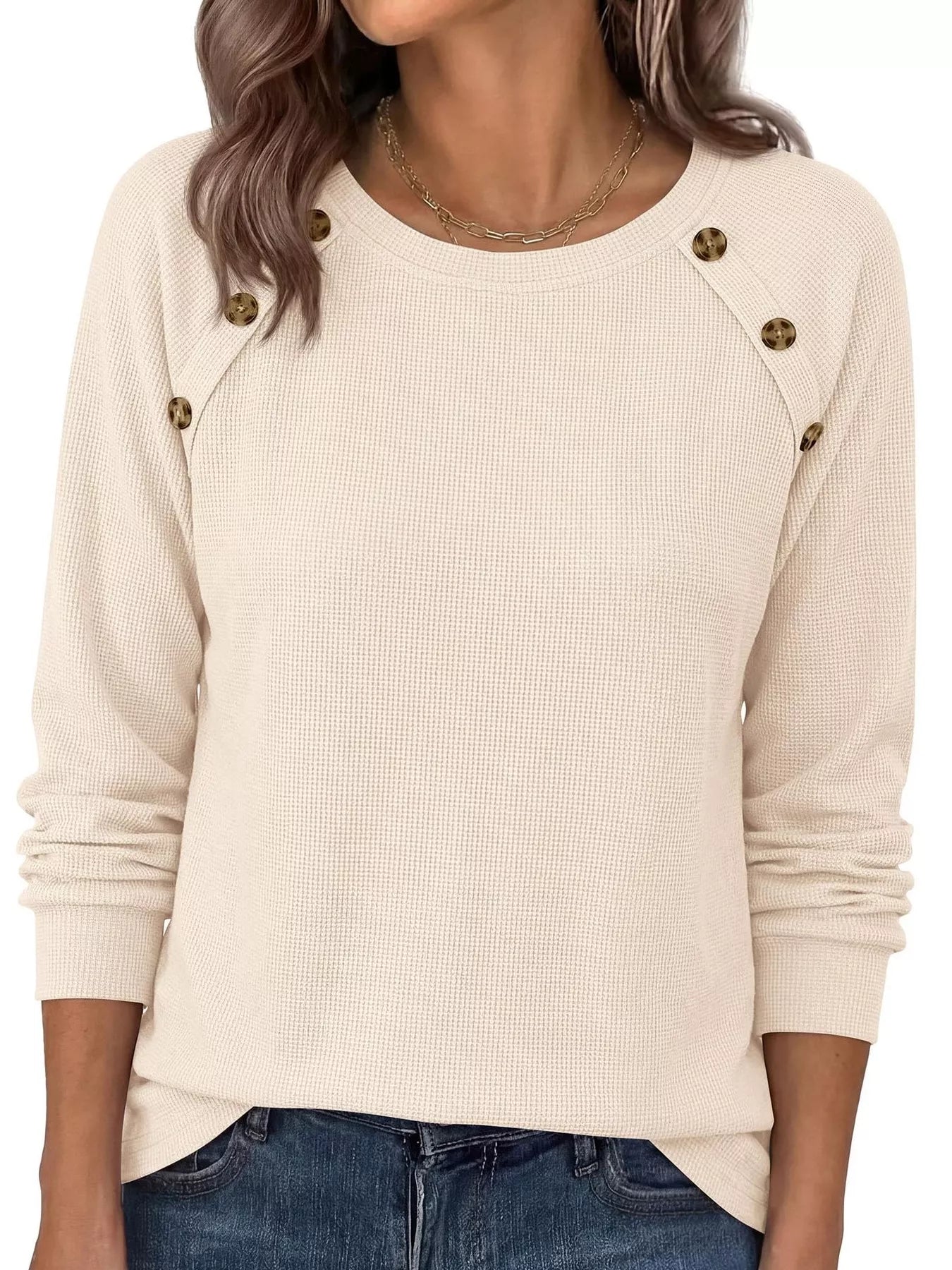 Trendsi Decorative Button Waffle Knit Long Sleeve T-Shirt -