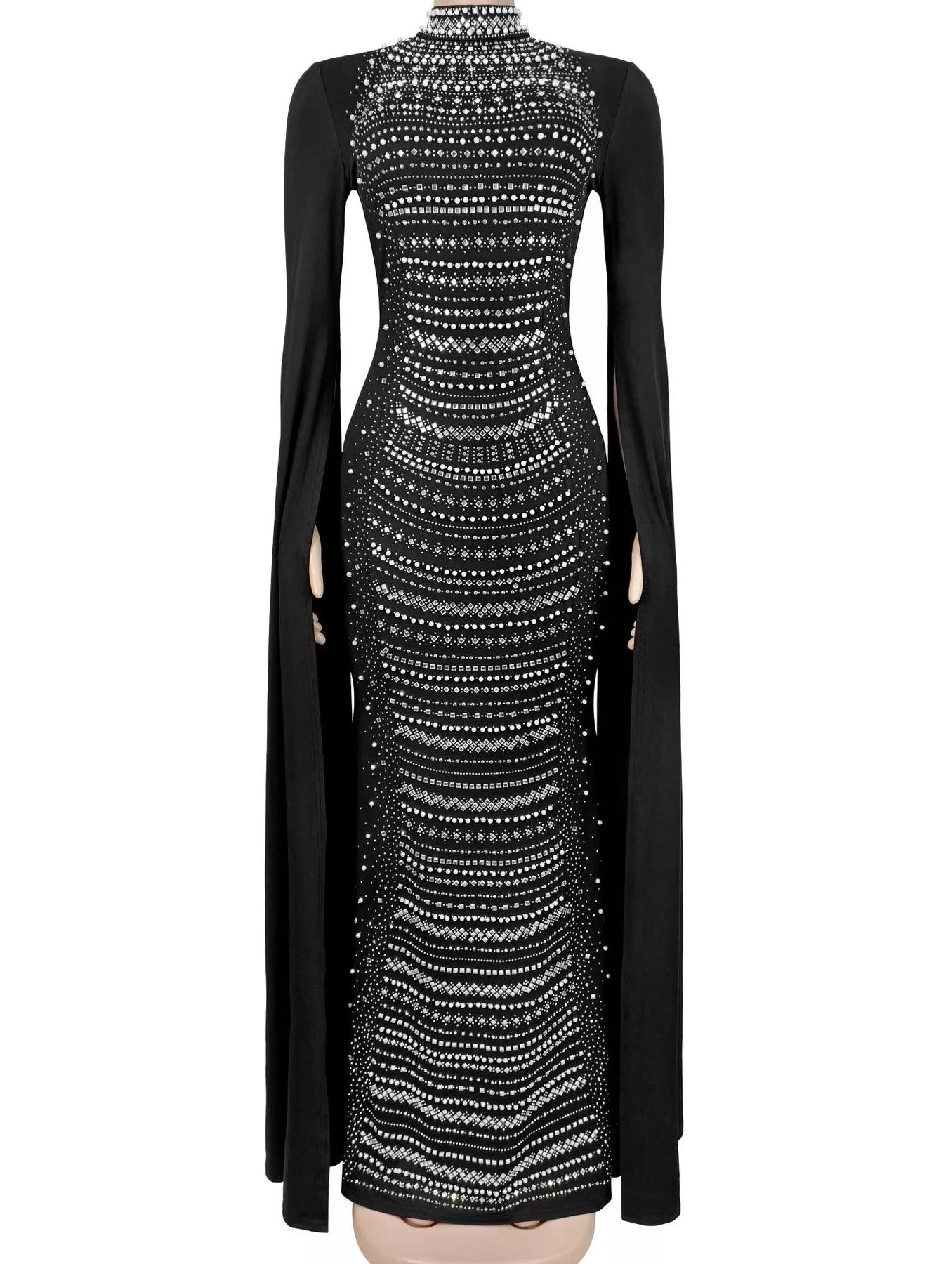 Trendsi Rhinestone Slit Flare Sleeve Cape Maxi Dress -