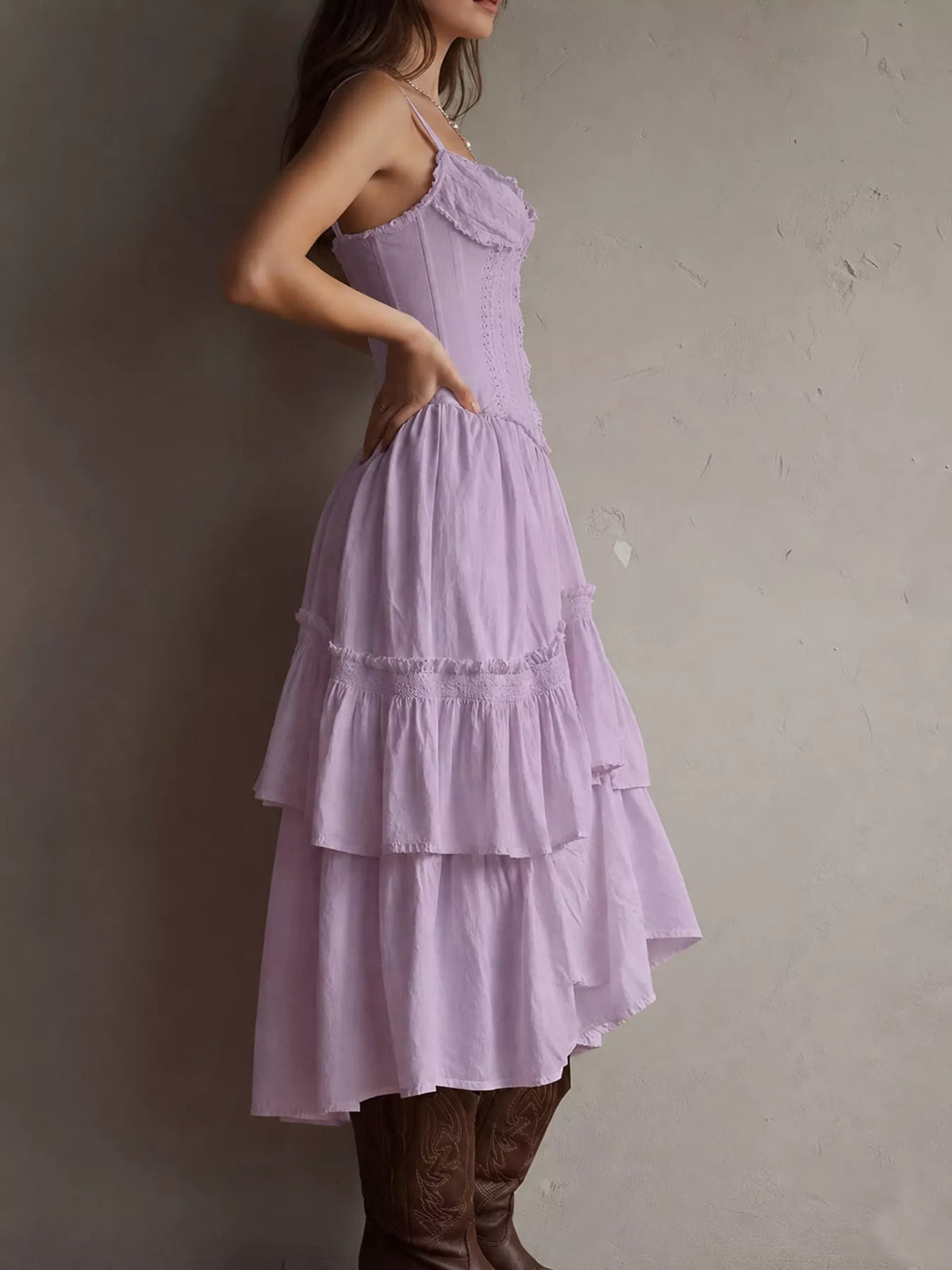 Layered Ruffle Midi Dress in purple