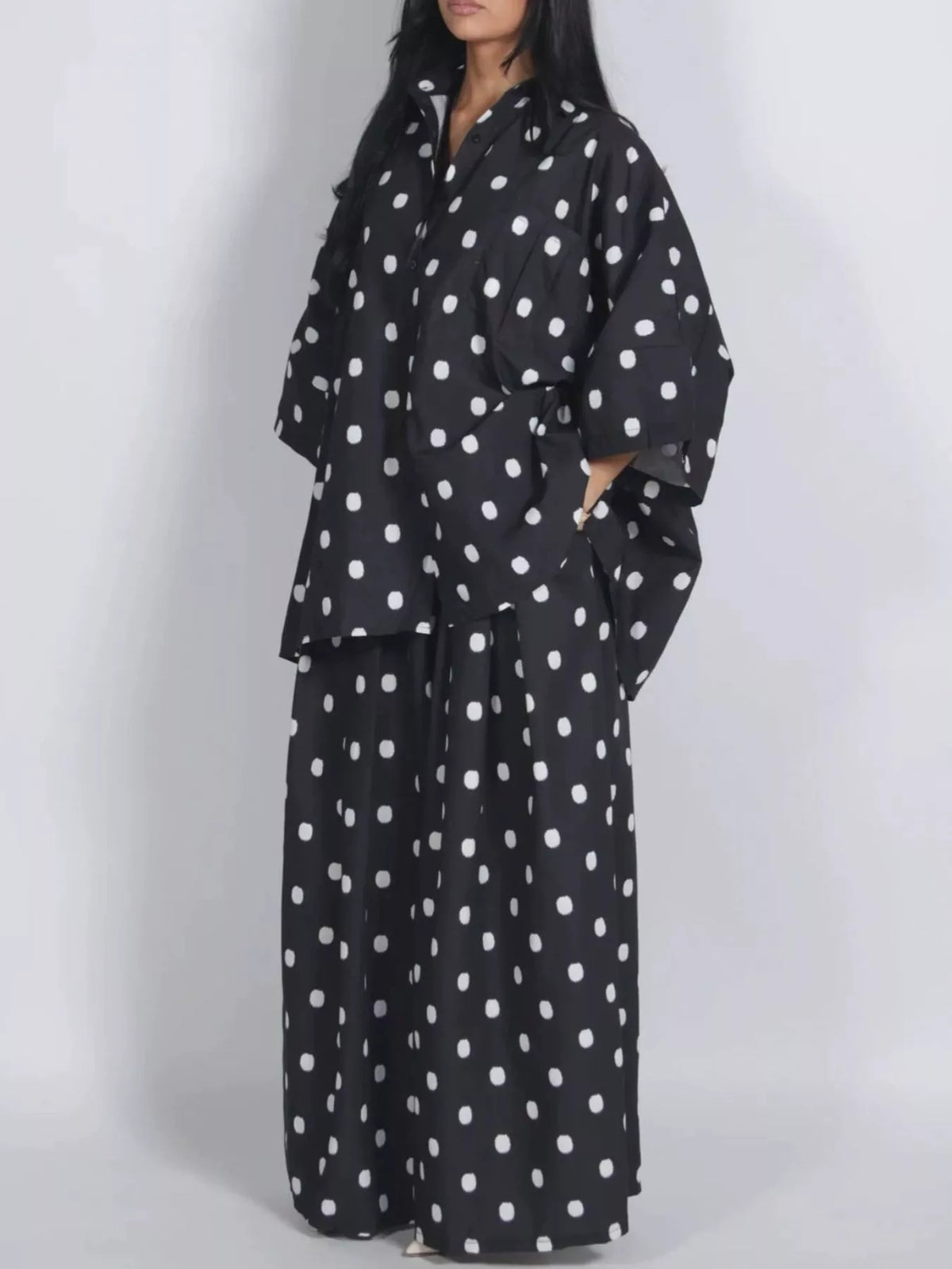 Collared 3/4 sleeve outfit set, front view on model