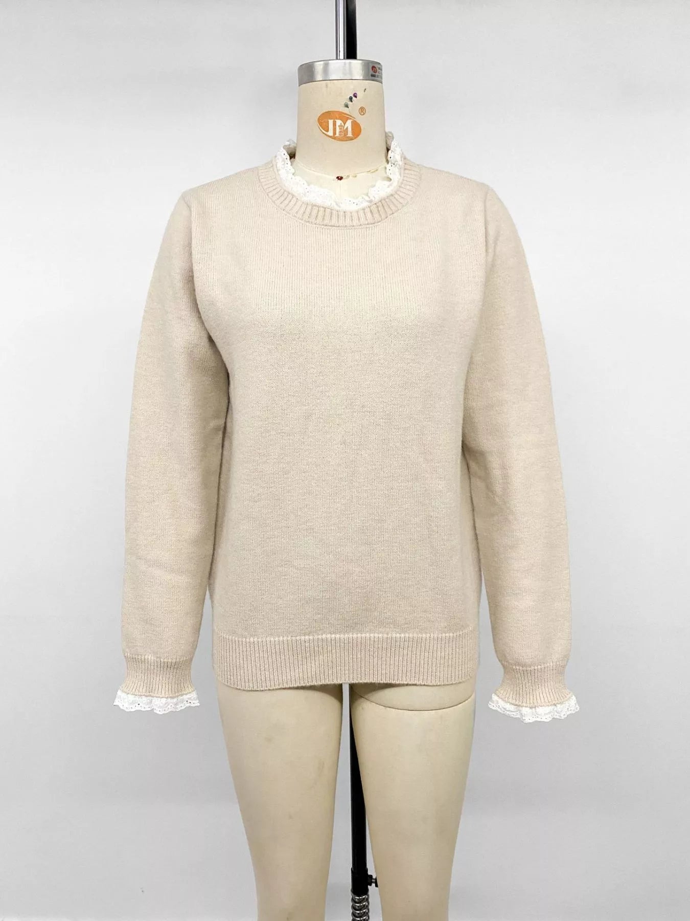 Trendsi Elegant Lace Trim Round Neck Sweater -