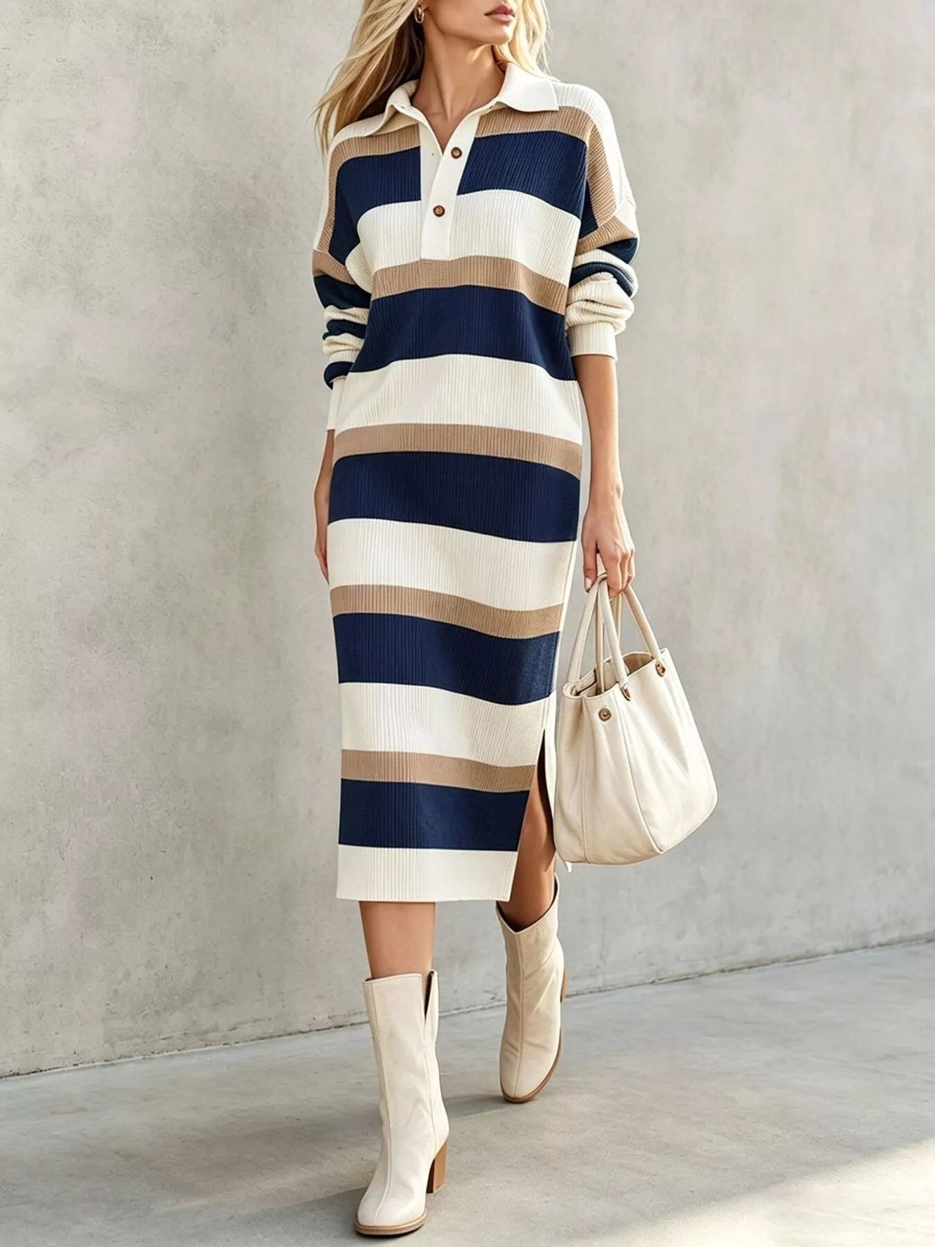 Trendsi Striped Polo Collar Long Sleeve Sweater Dress -