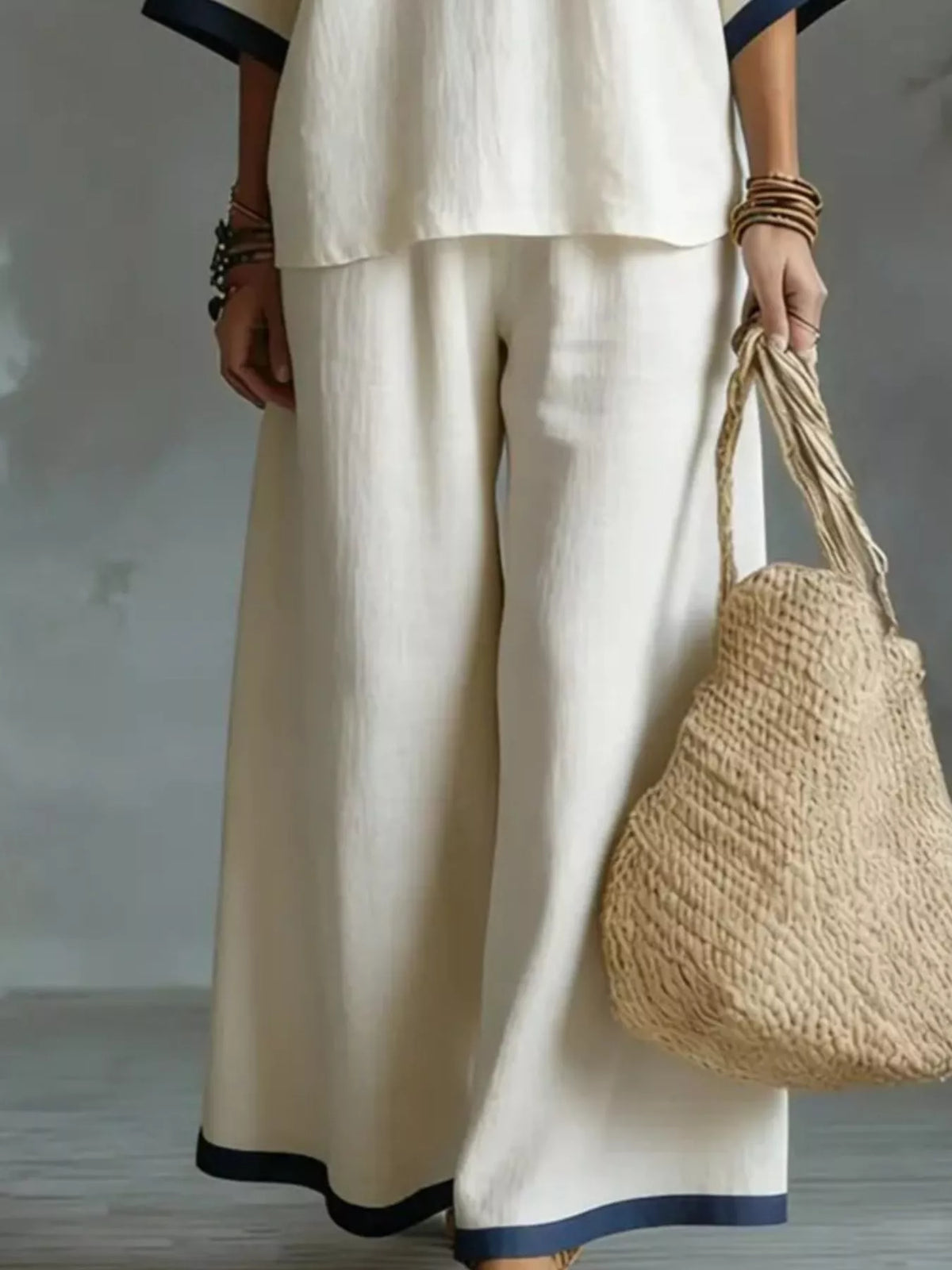 Trendsi Full Size Contrast Trim V-Neck Top and Pants Set Plus Size -
