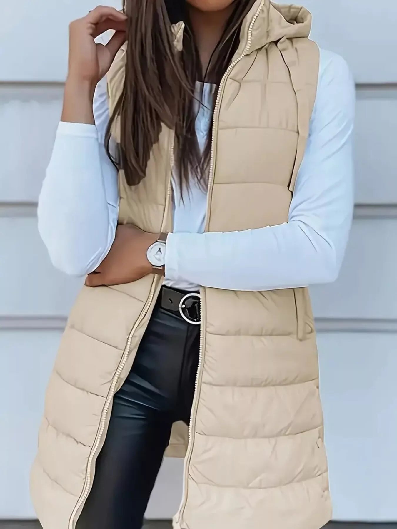 Trendsi Zip Up Longline Hooded Puffer Vest Coat -