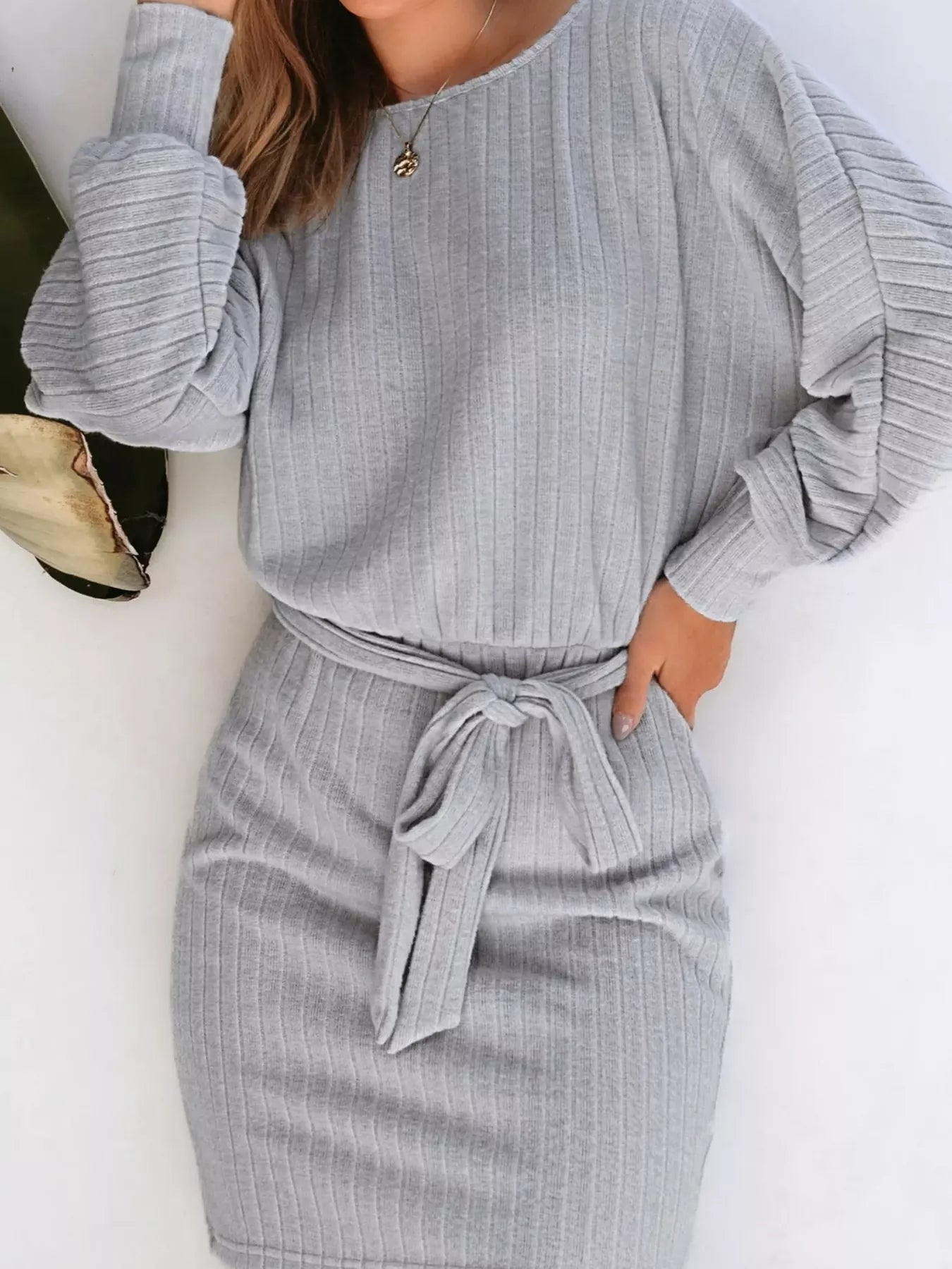 Trendsi Round Neck Tie Waist Textured Dress -