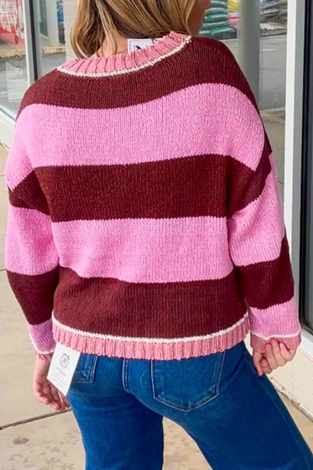 Trendsi Striped Drop Shoulder Long Sleeve Pullover Regular Fit Knit Sweater -