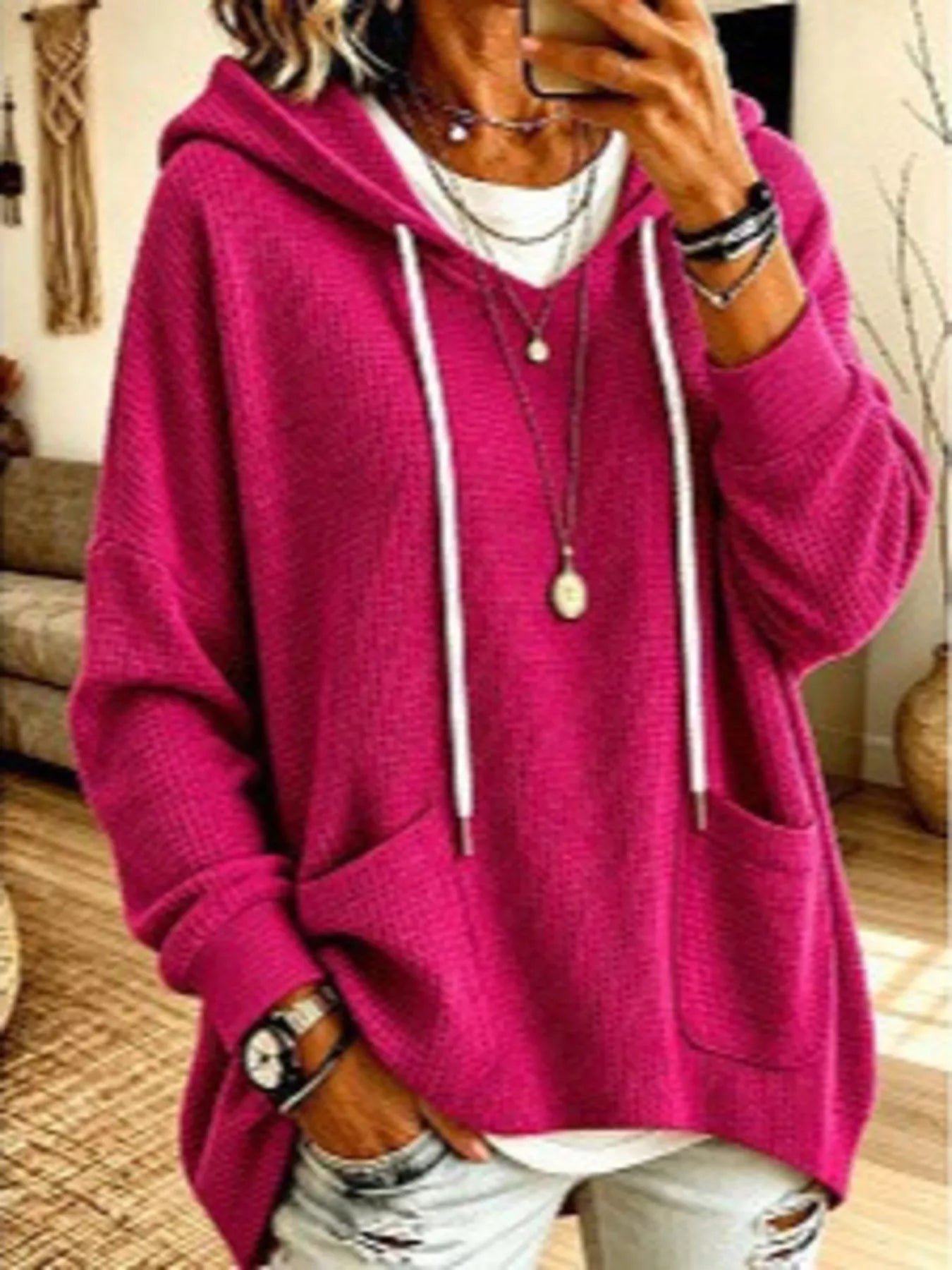 Trendsi Full Size Waffle Knit Hoodie with Pockets Plus Size -