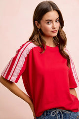Trendsi BiBi French Terry Side Lace Detail Short Sleeves Top -