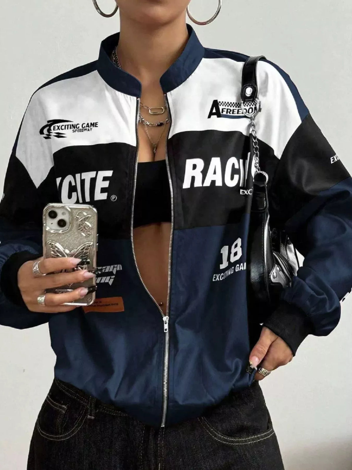 Navy and white letter-print zip-front jacket, open front view