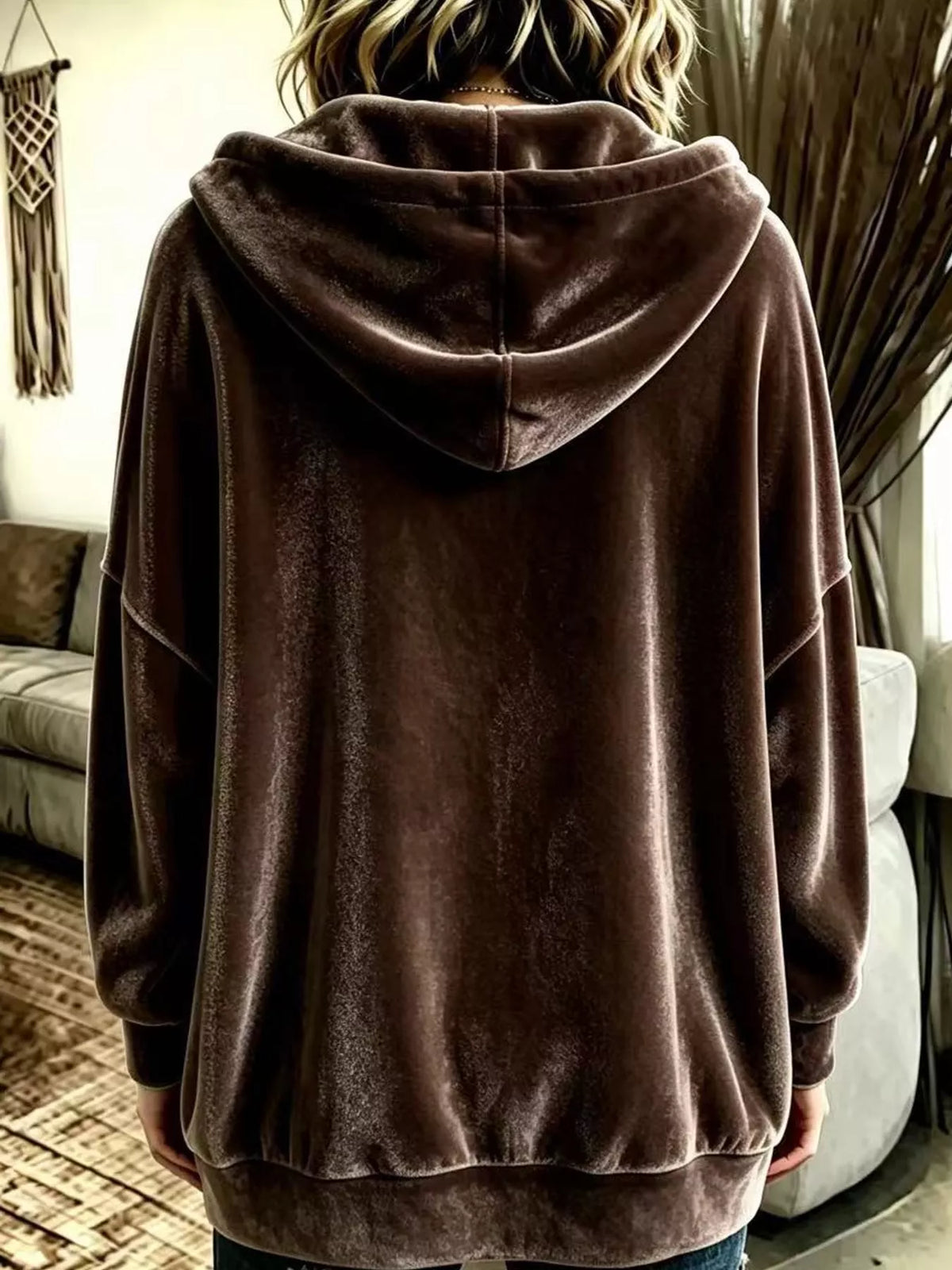 Brown velvet dropped shoulder hoodie, back view