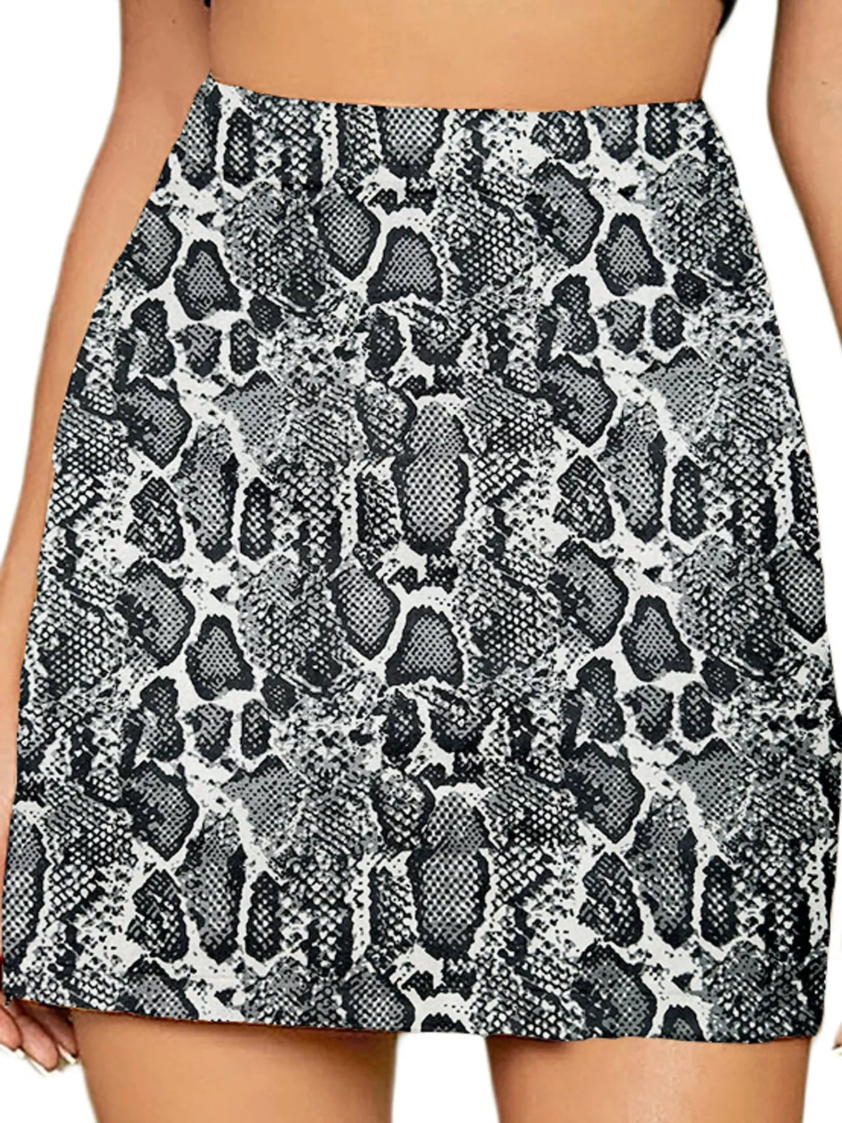 Zip-up mini skirt, gray snakeskin-print front