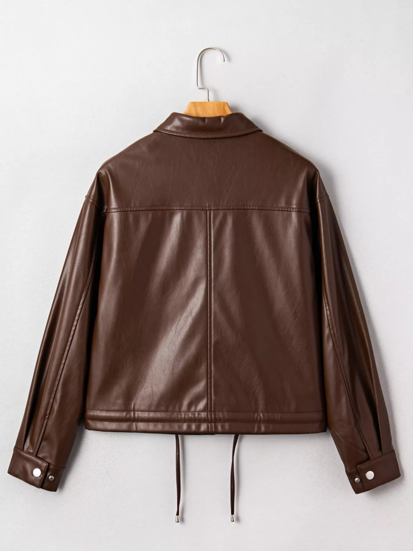 Trendsi Double Flap Pocket Drawstring Hem Leather Jacket -