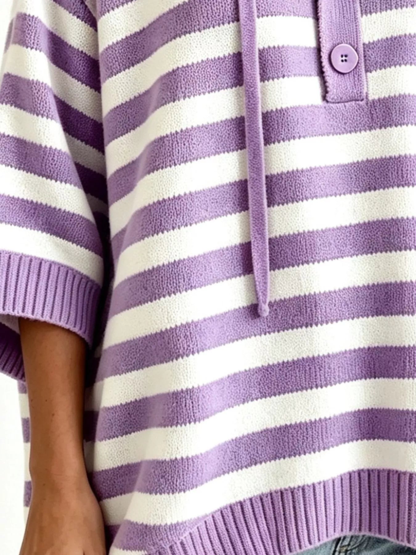 Trendsi Striped Hooded Sweater with Button Detail -