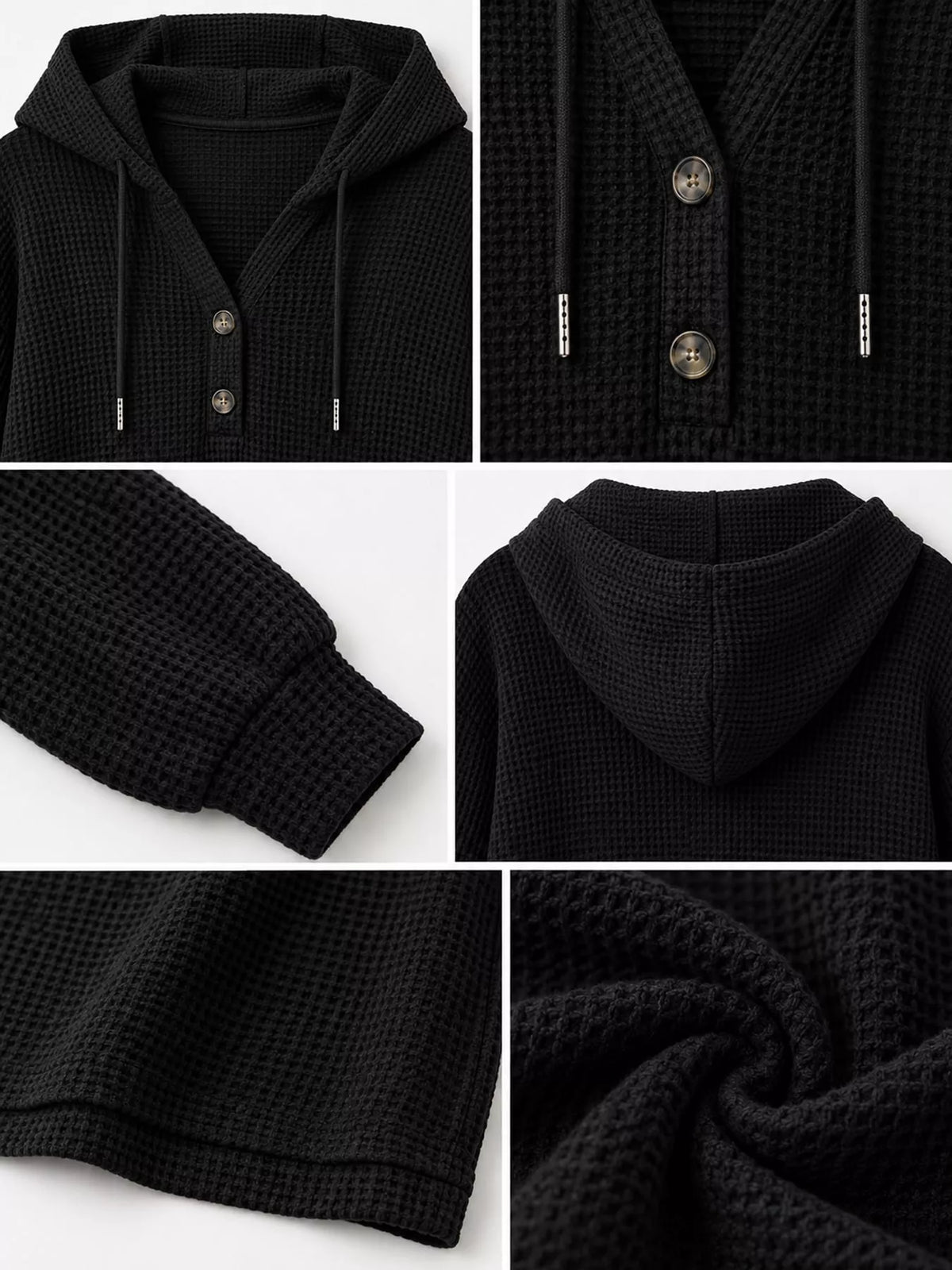 Black waffle knit button-detail hoodie, hood button cuff and waffle-knit details