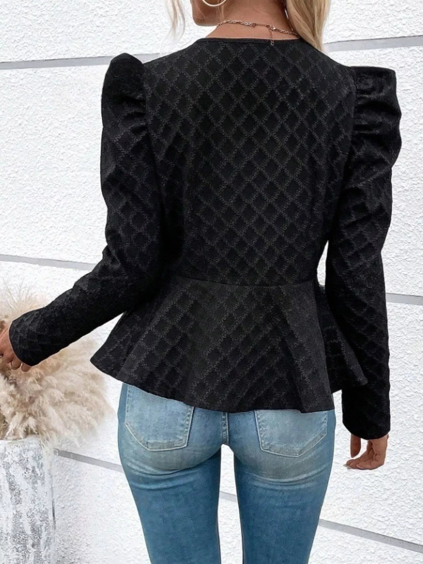 Trendsi Puff Sleeve Textured Jacquard Jacket -