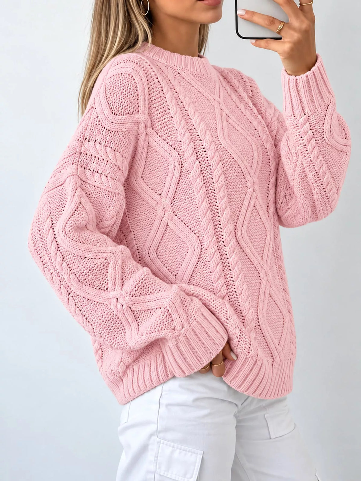 Pink cable-knit round neck sweater