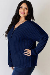 Trendsi Basic Bae Full Size Ribbed Half Button Long Sleeve T-Shirt -