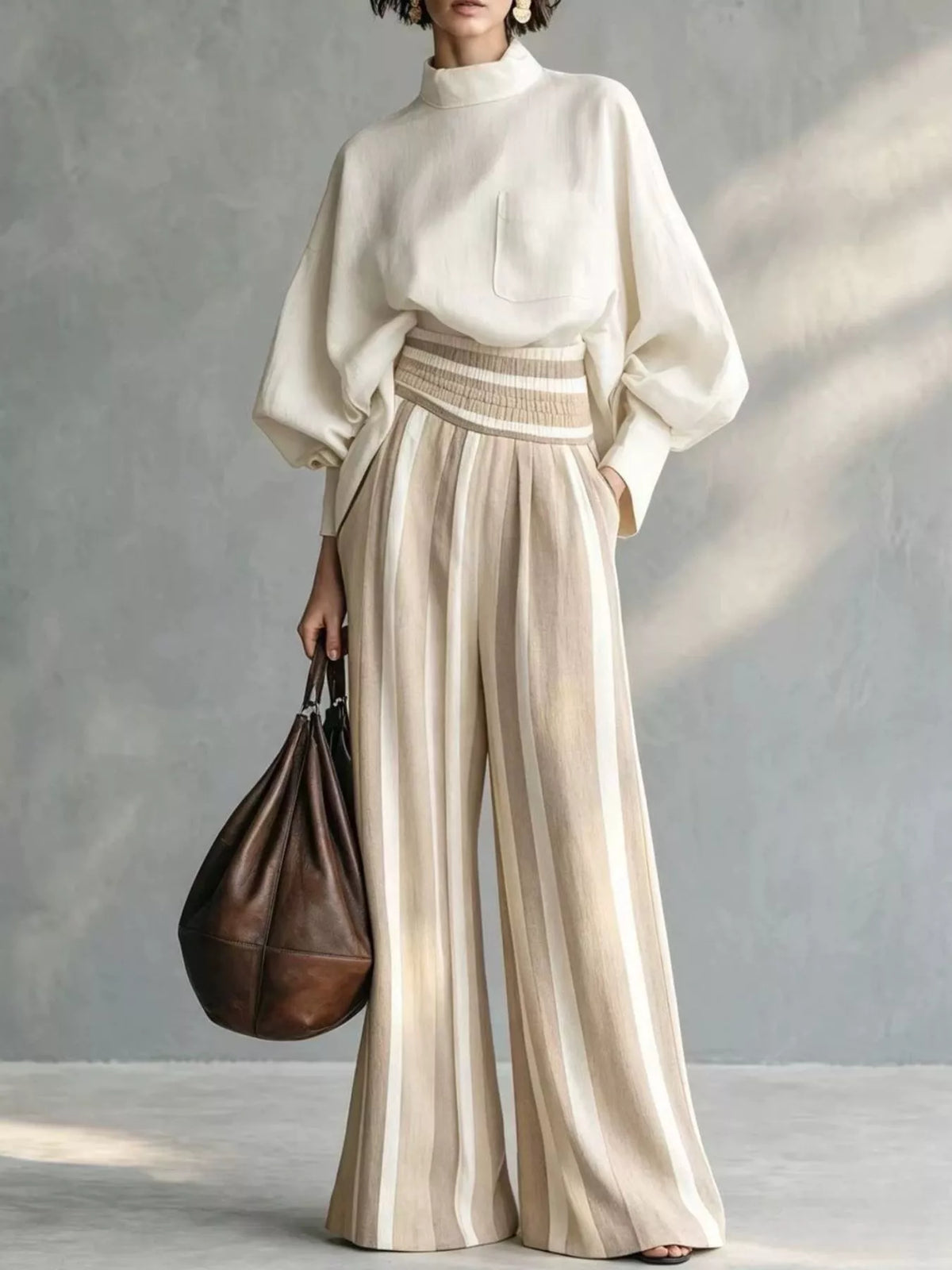 Beige mock-neck blouse and striped wide-leg trouser set — front view