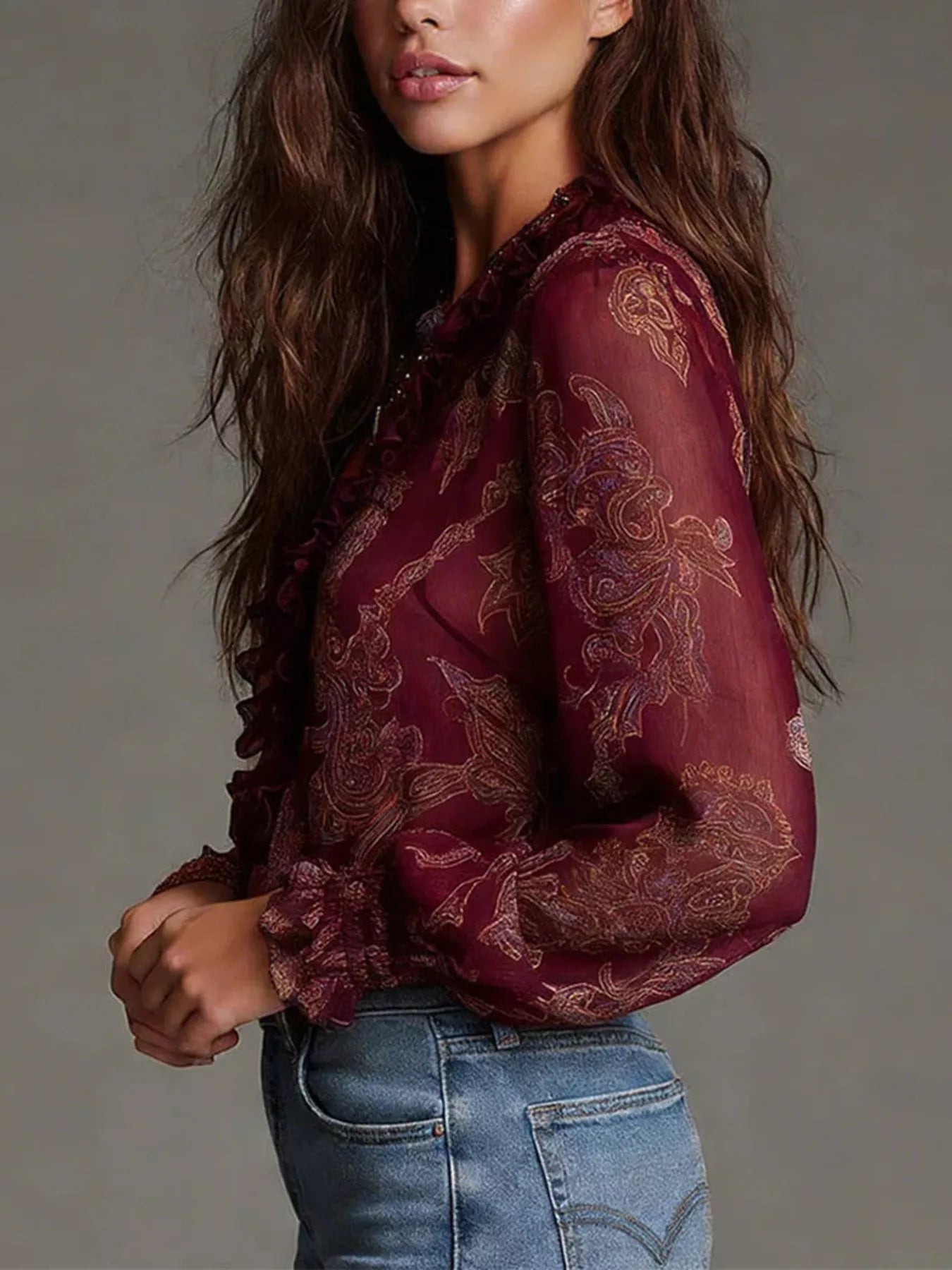 Trendsi Full Size Paisley Print Ruffle Trim Zip-Front Blouse Plus Size -