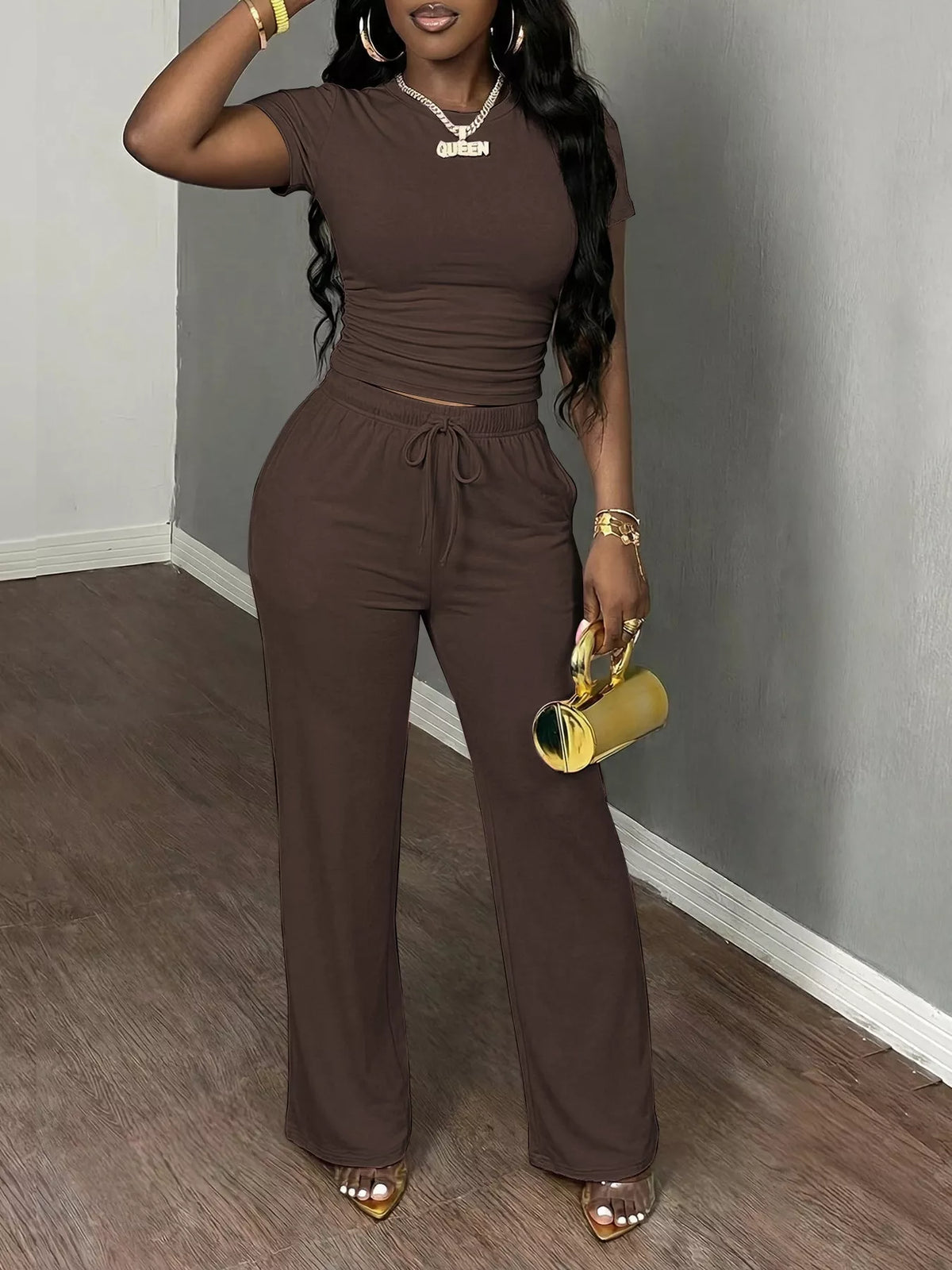 Dark Brown Short Sleeve Top and Wide-Leg Pants Set, front view