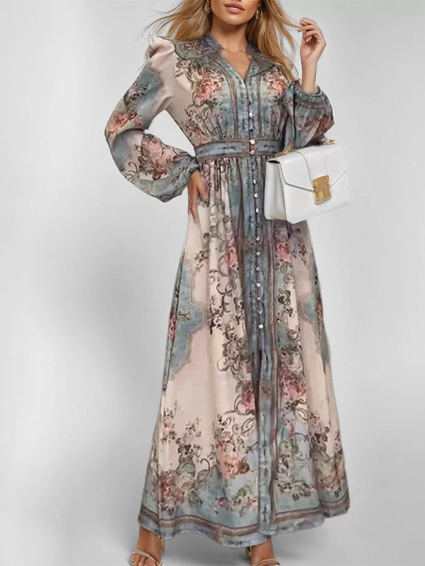 Trendsi Full Size Floral Print Maxi Dress with Puff Sleeves Plus Size -